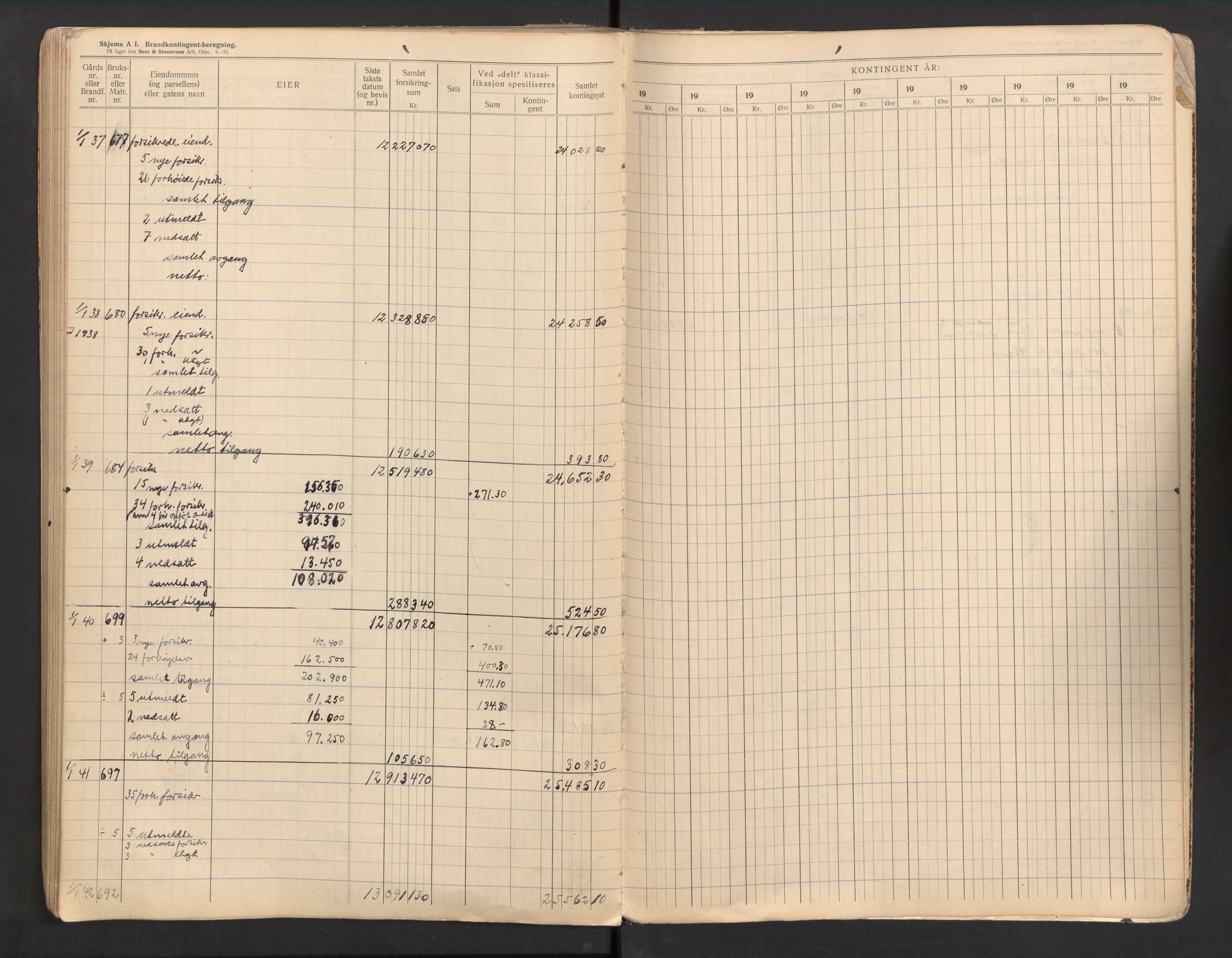 Tjølling lensmannskontor, AV/SAKO-A-16/Y/Yb/Ybb/L0007: Branntakstprotokoll, 1934-1943