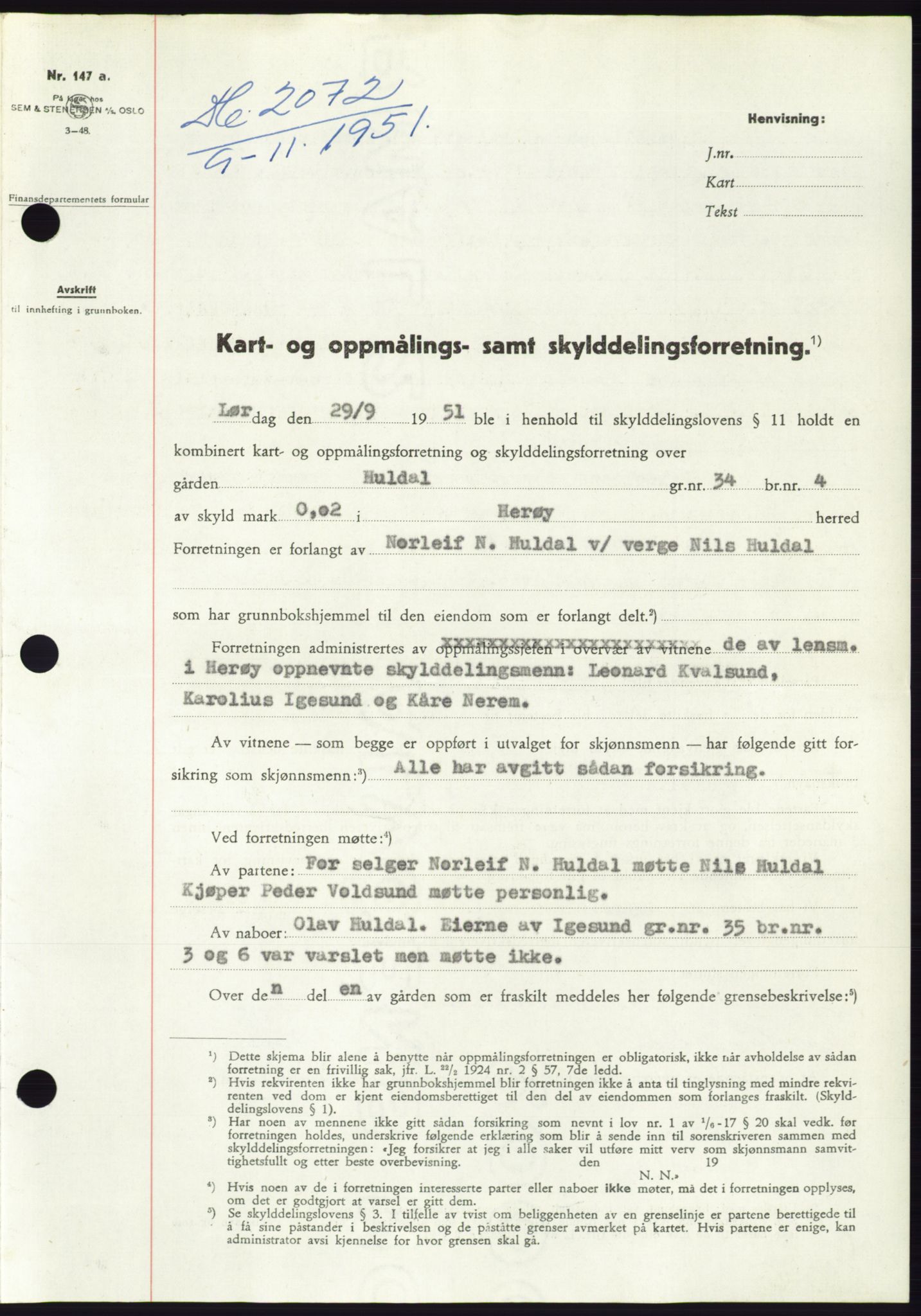 Søre Sunnmøre sorenskriveri, AV/SAT-A-4122/1/2/2C/L0090: Pantebok nr. 16A, 1951-1951, Dagboknr: 2072/1951