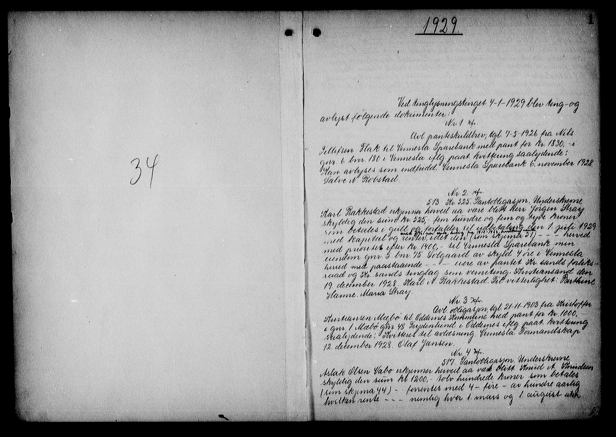 Torridal sorenskriveri, SAK/1221-0012/G/Gb/Gba/L0035: Pantebok nr. 34, 1929-1931, s. 1
