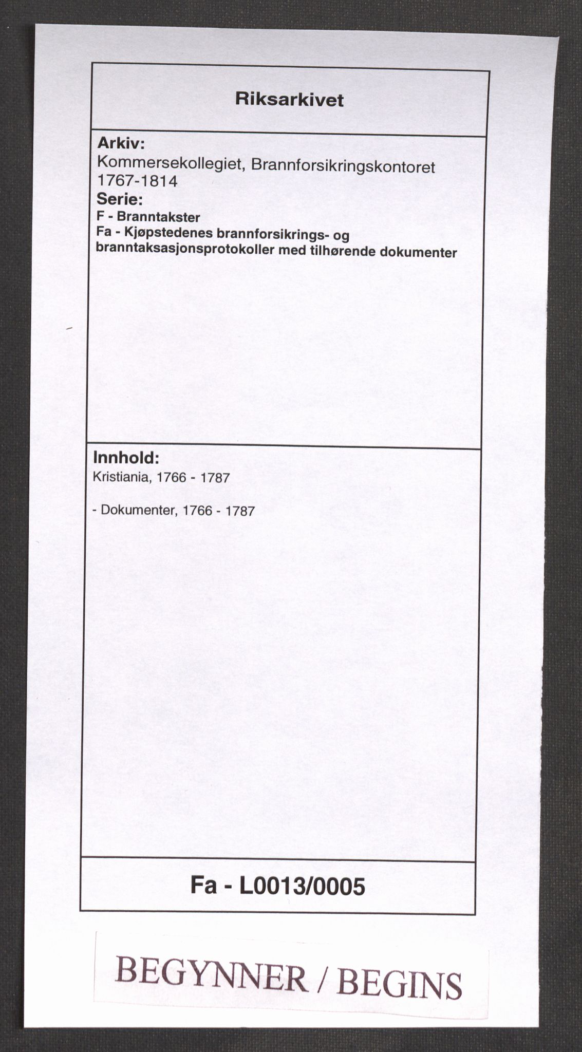 Kommersekollegiet, Brannforsikringskontoret 1767-1814, RA/EA-5458/F/Fa/L0013/0005: Kristiania / Dokumenter, 1766-1787