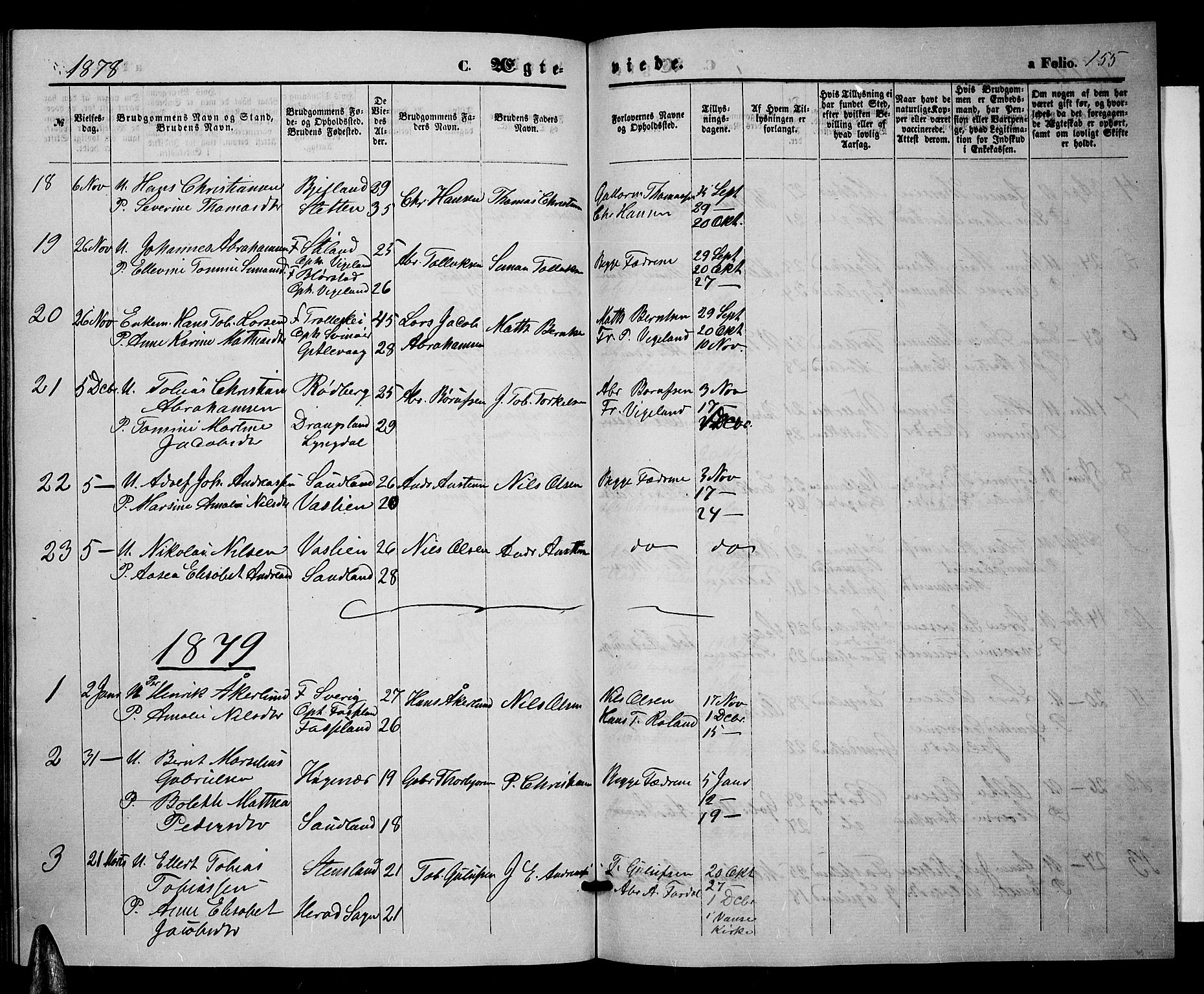 Sør-Audnedal sokneprestkontor, AV/SAK-1111-0039/F/Fb/Fbb/L0004: Klokkerbok nr. B 4, 1868-1879, s. 155