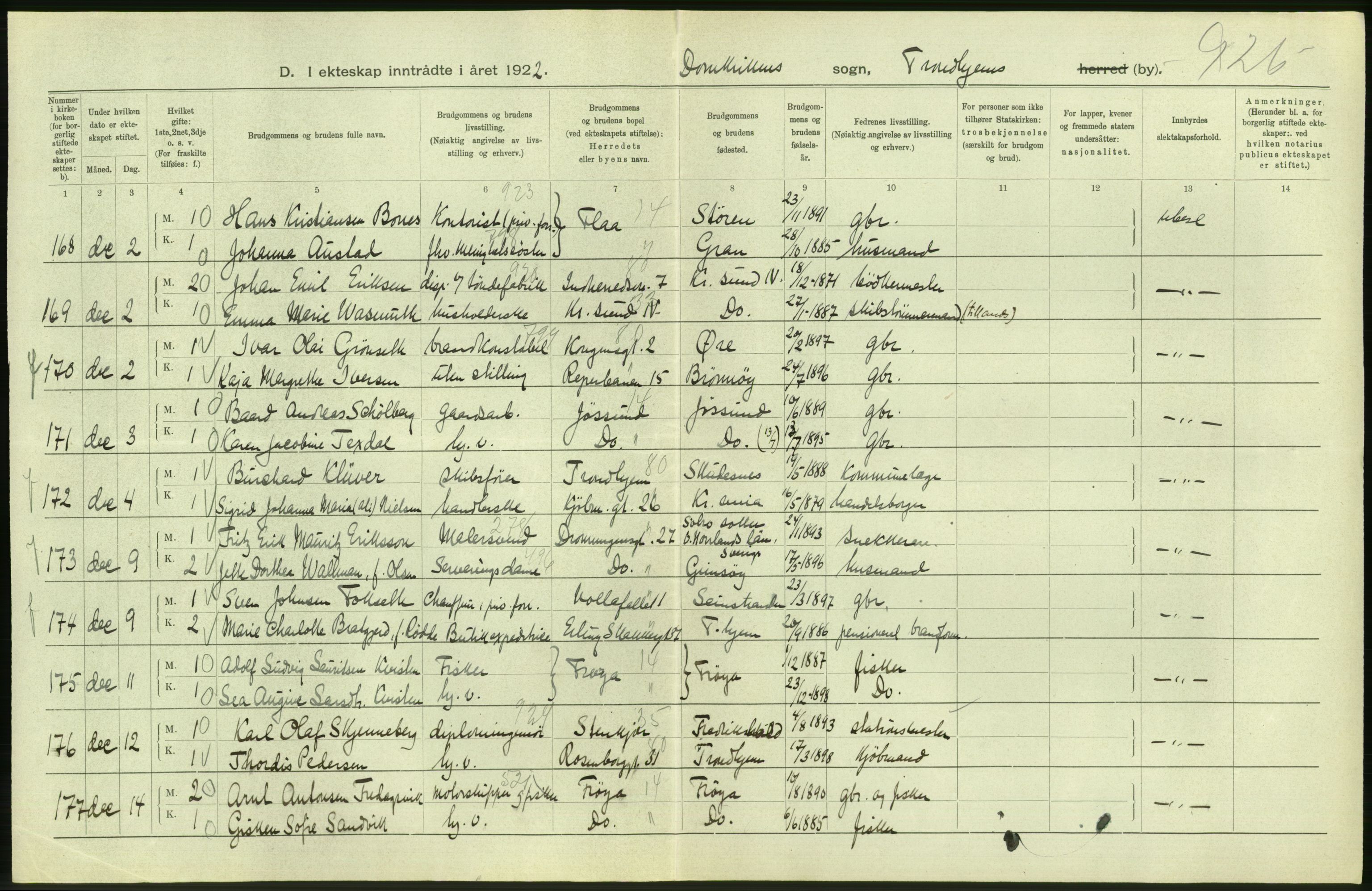 Statistisk sentralbyrå, Sosiodemografiske emner, Befolkning, AV/RA-S-2228/D/Df/Dfc/Dfcb/L0040: Trondheim: Gifte, døde, dødfødte., 1922, s. 48