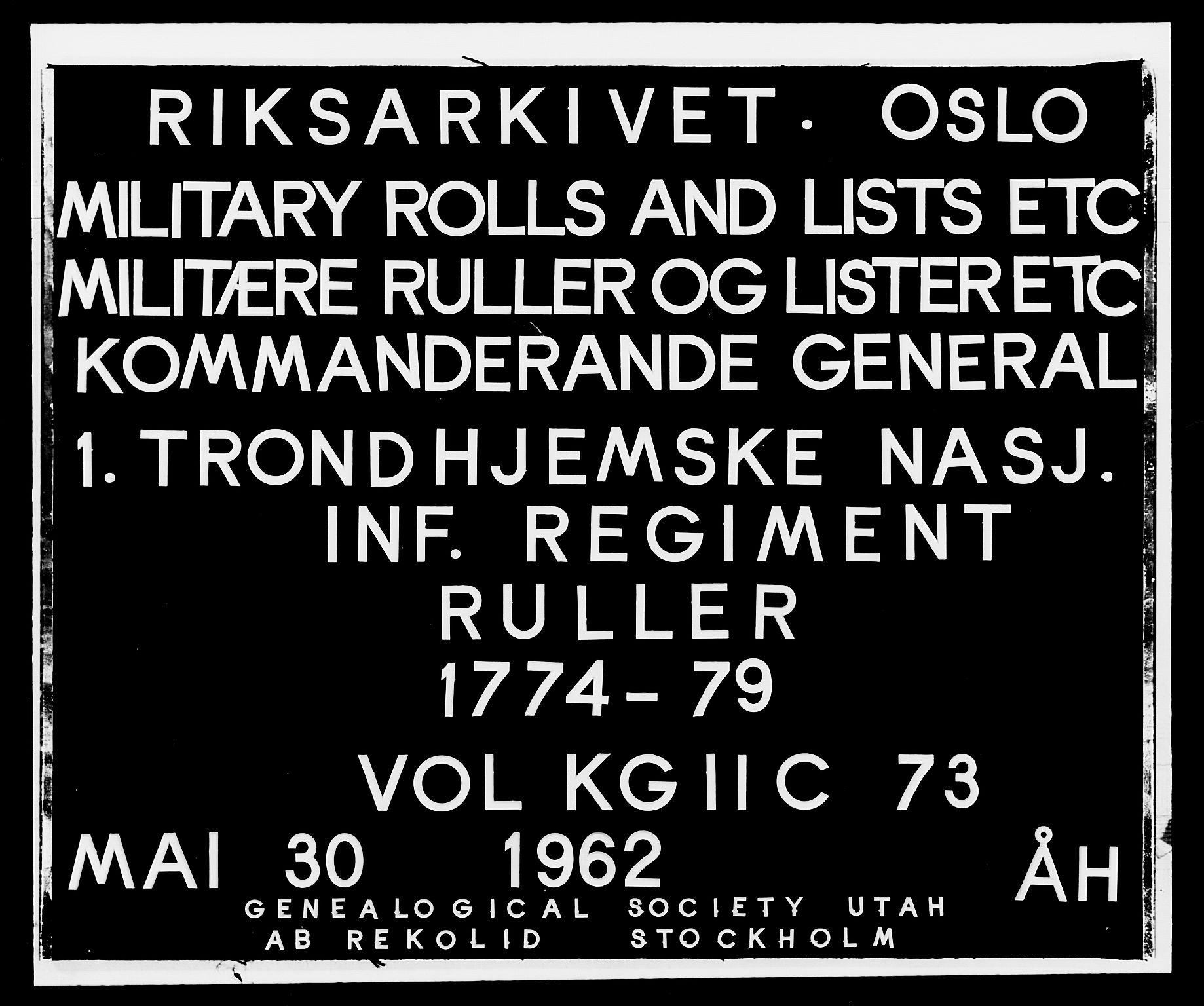 Generalitets- og kommissariatskollegiet, Det kongelige norske kommissariatskollegium, AV/RA-EA-5420/E/Eh/L0073: 1. Trondheimske nasjonale infanteriregiment, 1774-1779, s. 1