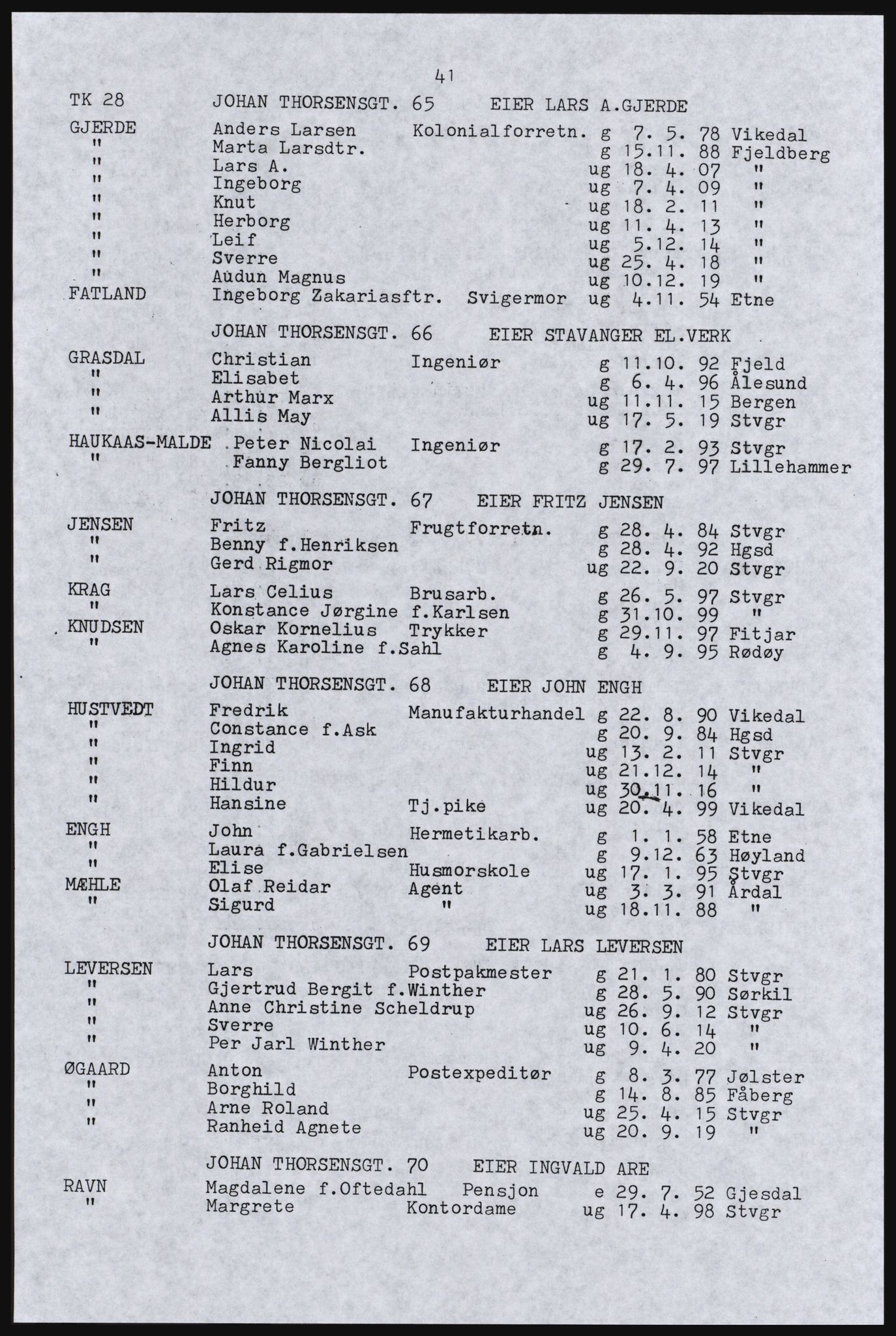 SAST, Avskrift av folketellingen 1920 for Stavanger kjøpstad, 1920, s. 47