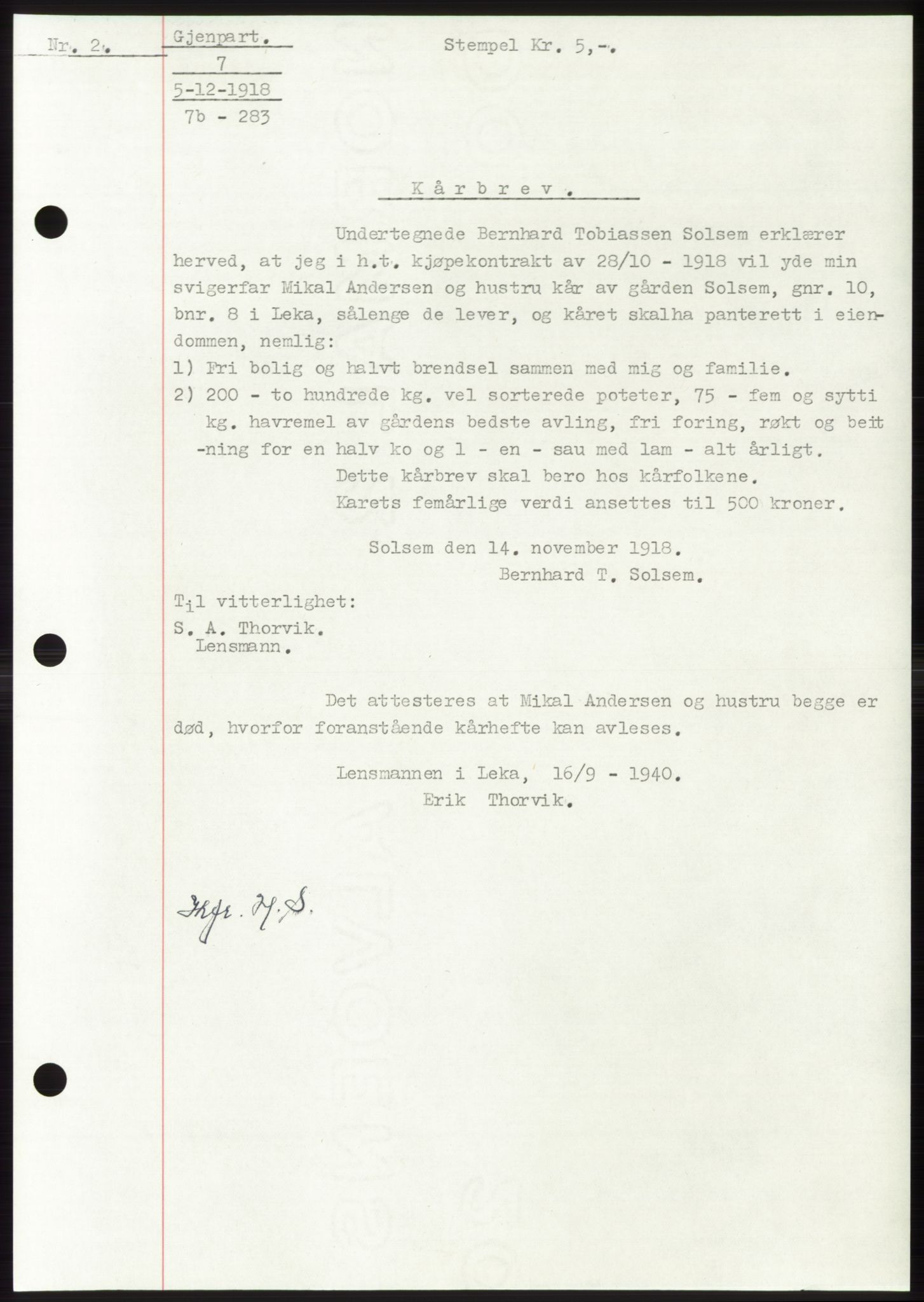 Namdal sorenskriveri, SAT/A-4133/1/2/2C: Pantebok nr. -, 1916-1921, Tingl.dato: 05.12.1918