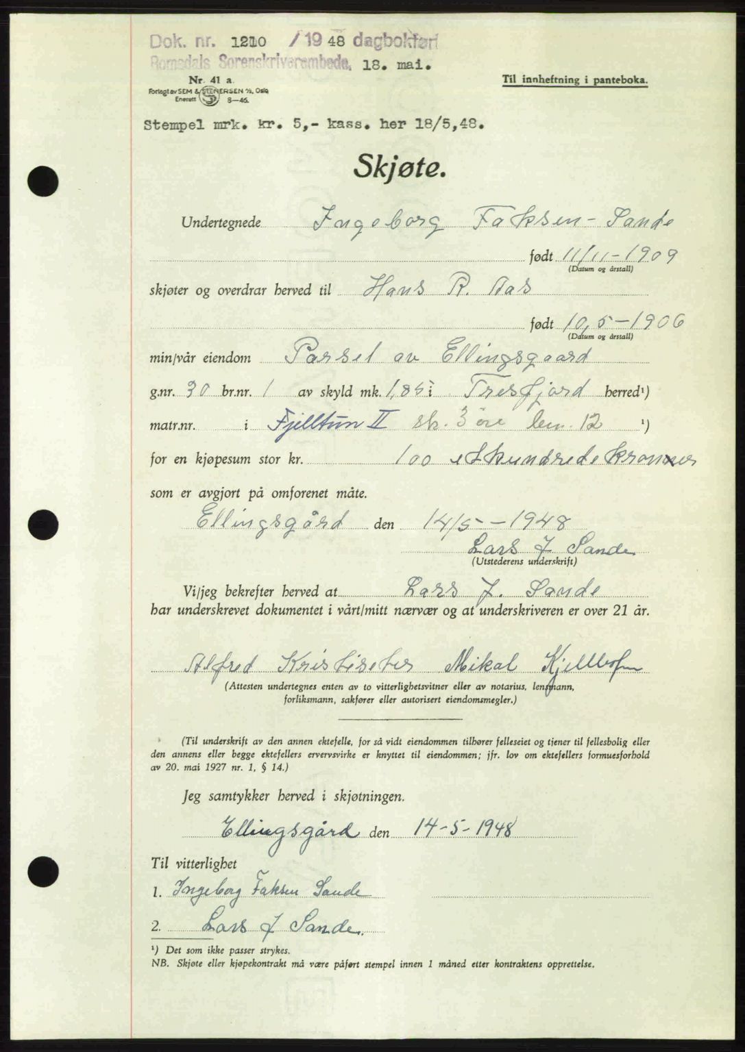 Romsdal sorenskriveri, AV/SAT-A-4149/1/2/2C: Pantebok nr. A26, 1948-1948, Dagboknr: 1210/1948