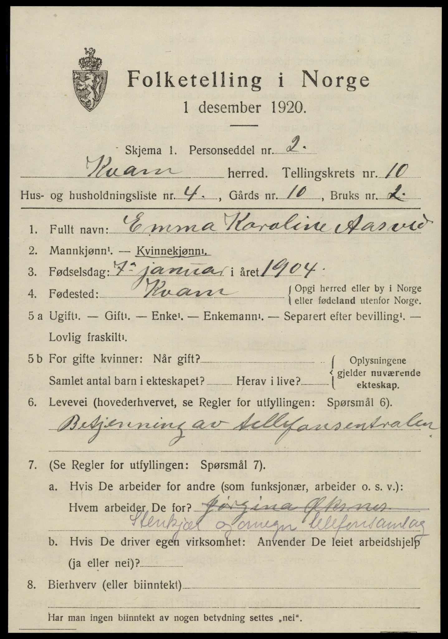 SAT, Folketelling 1920 for 1735 Kvam herred, 1920, s. 2545