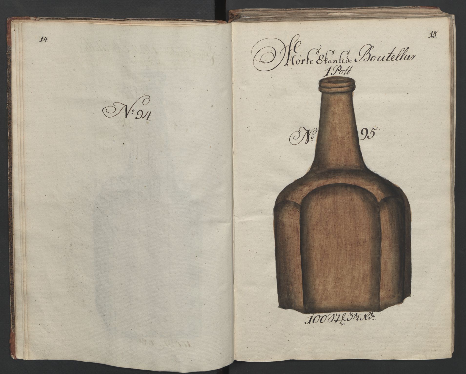 Glassverk, samlinger, AV/RA-PA-0001/F/Fa/L0036: Modellbok for Nøstetangens og Aas' produkter med prisangivelse,, 1763, s. 14-15