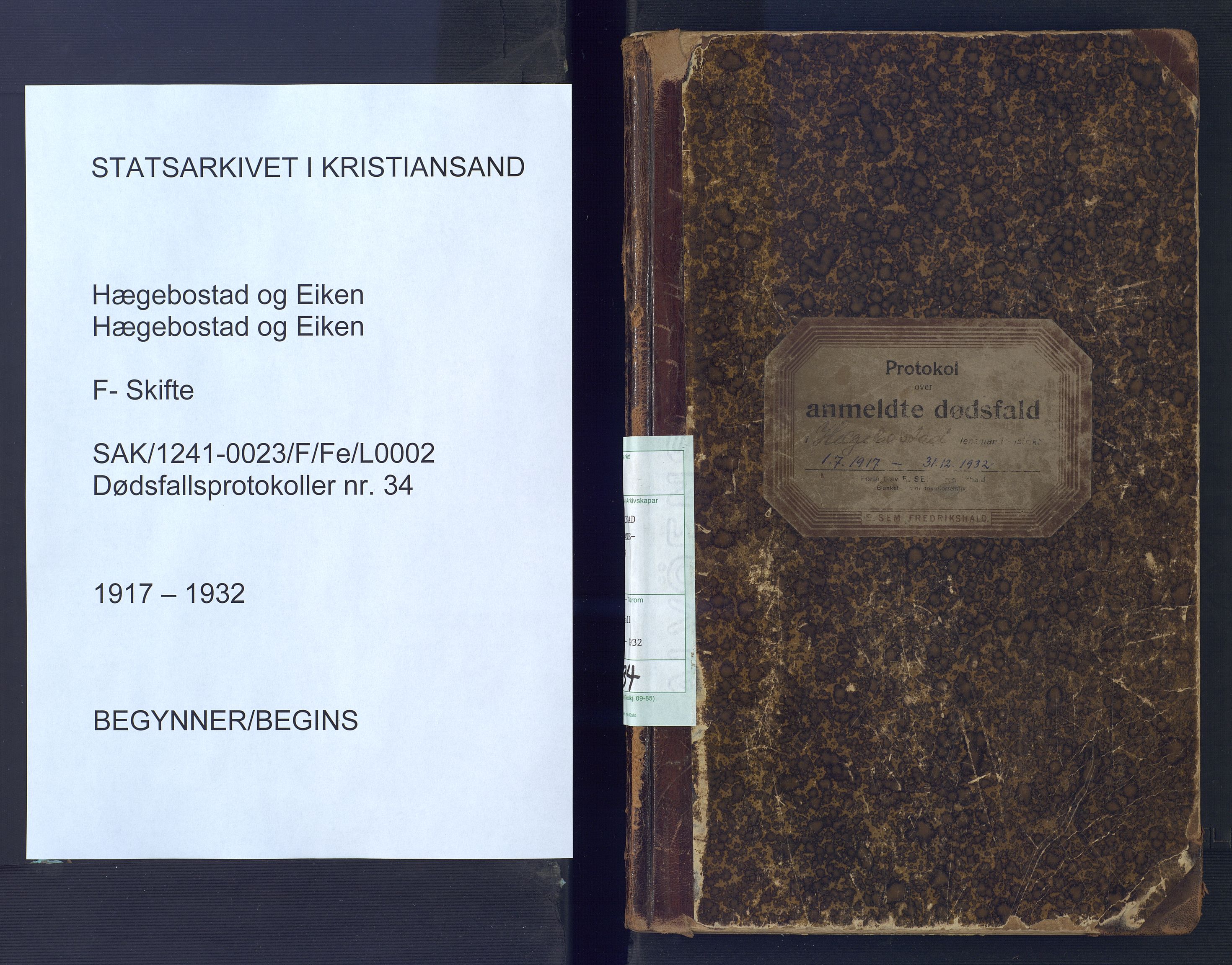 Hægebostad og Eiken lensmannskontor, AV/SAK-1241-0023/F/Fe/L0002: Dødsfallsprotokoll nr 34, 1917-1932