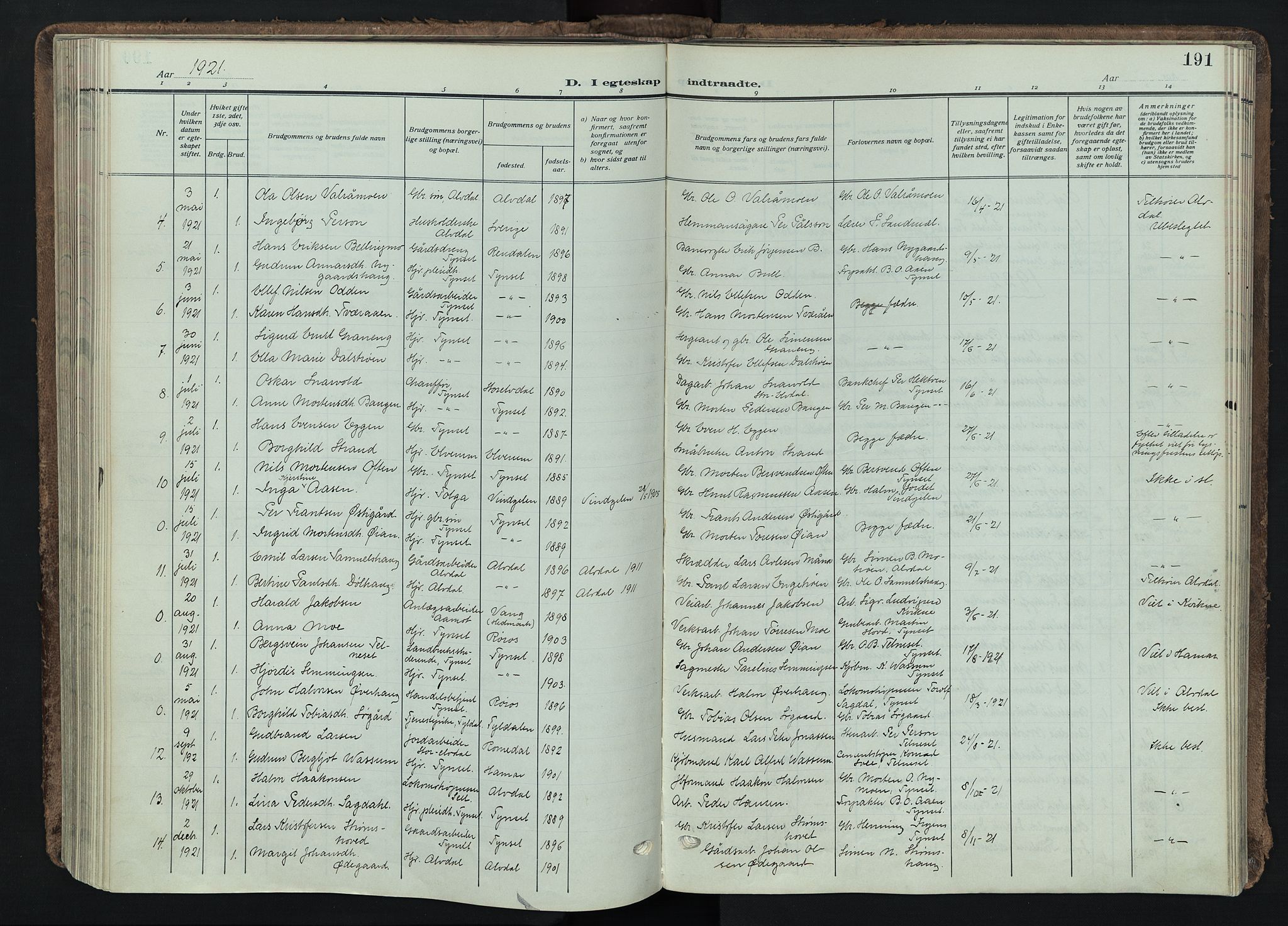 Tynset prestekontor, SAH/PREST-058/H/Ha/Haa/L0026: Ministerialbok nr. 26, 1915-1929, s. 191