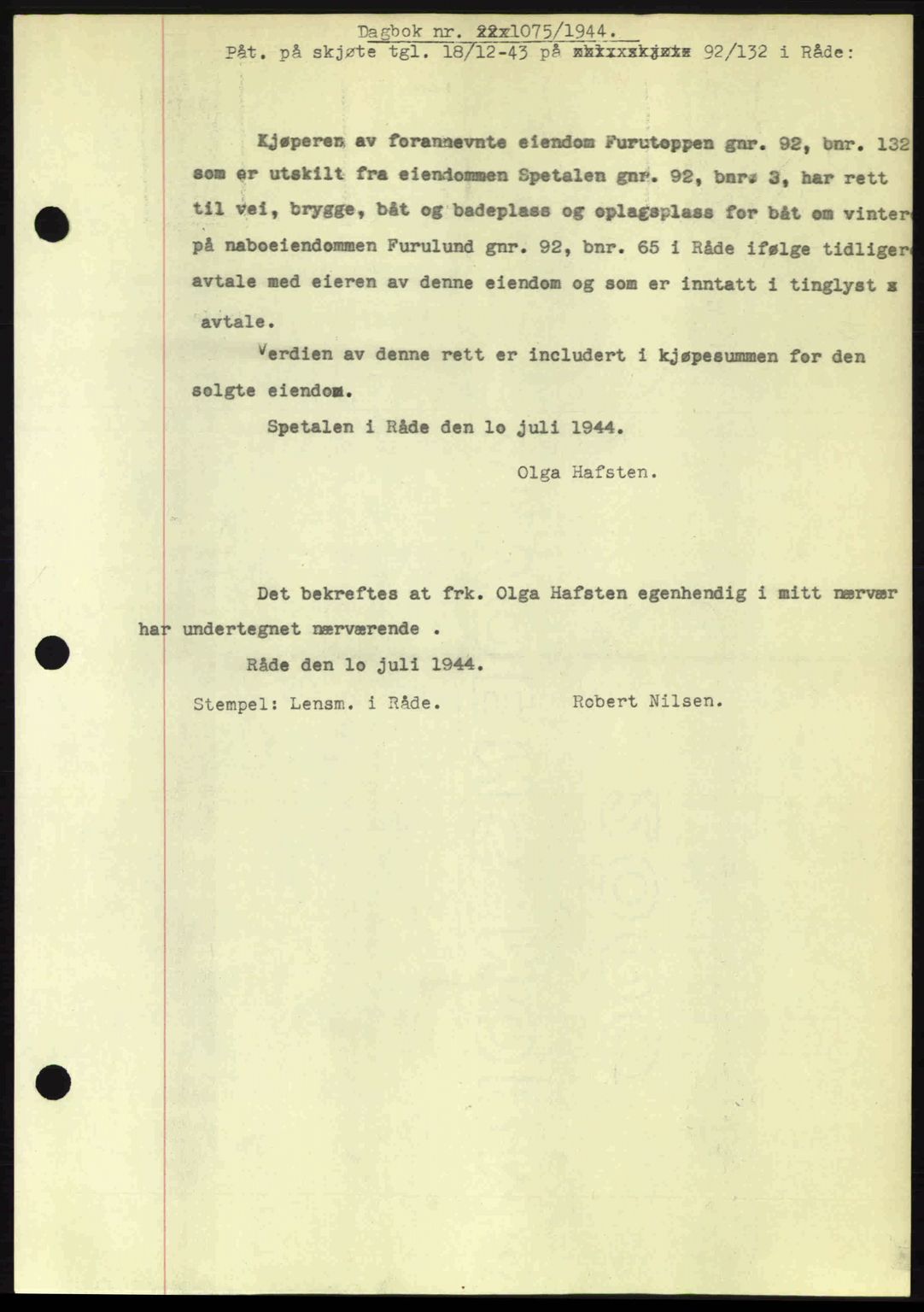 Moss sorenskriveri, SAO/A-10168: Pantebok nr. A12, 1943-1944, Dagboknr: 1075/1944