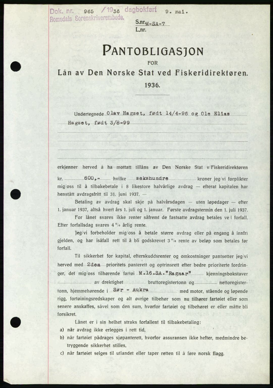 Romsdal sorenskriveri, SAT/A-4149/1/2/2C: Pantebok nr. B1, 1936-1939, Dagboknr: 965/1936