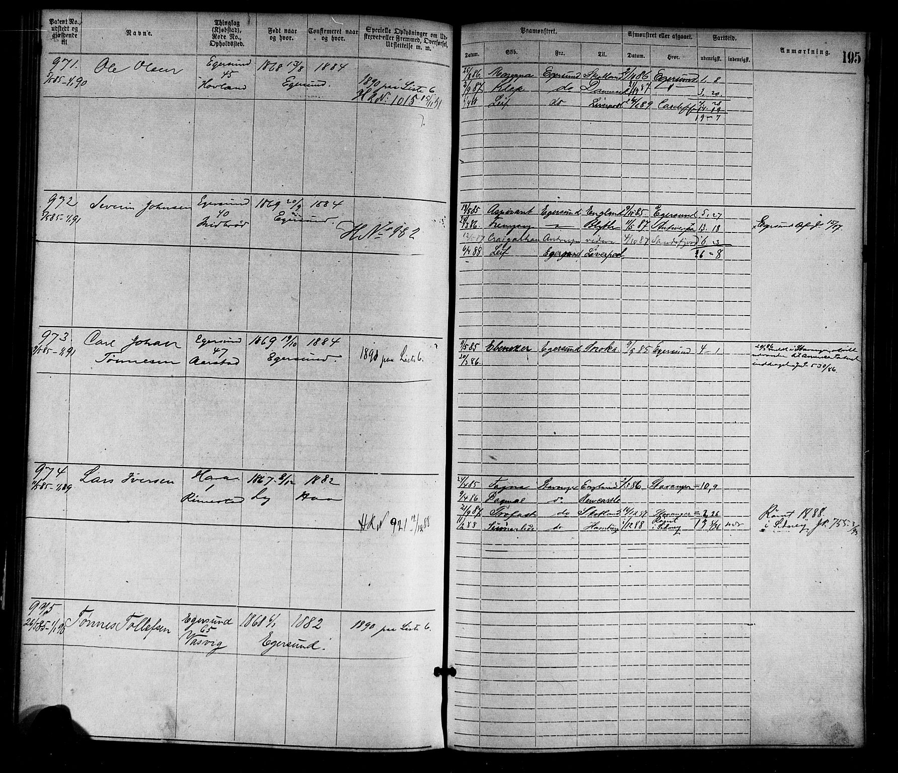 Egersund mønstringskrets, SAK/2031-0019/F/Fa/L0001: Annotasjonsrulle nr 1-1440 med register, O-1, 1869-1895, s. 218