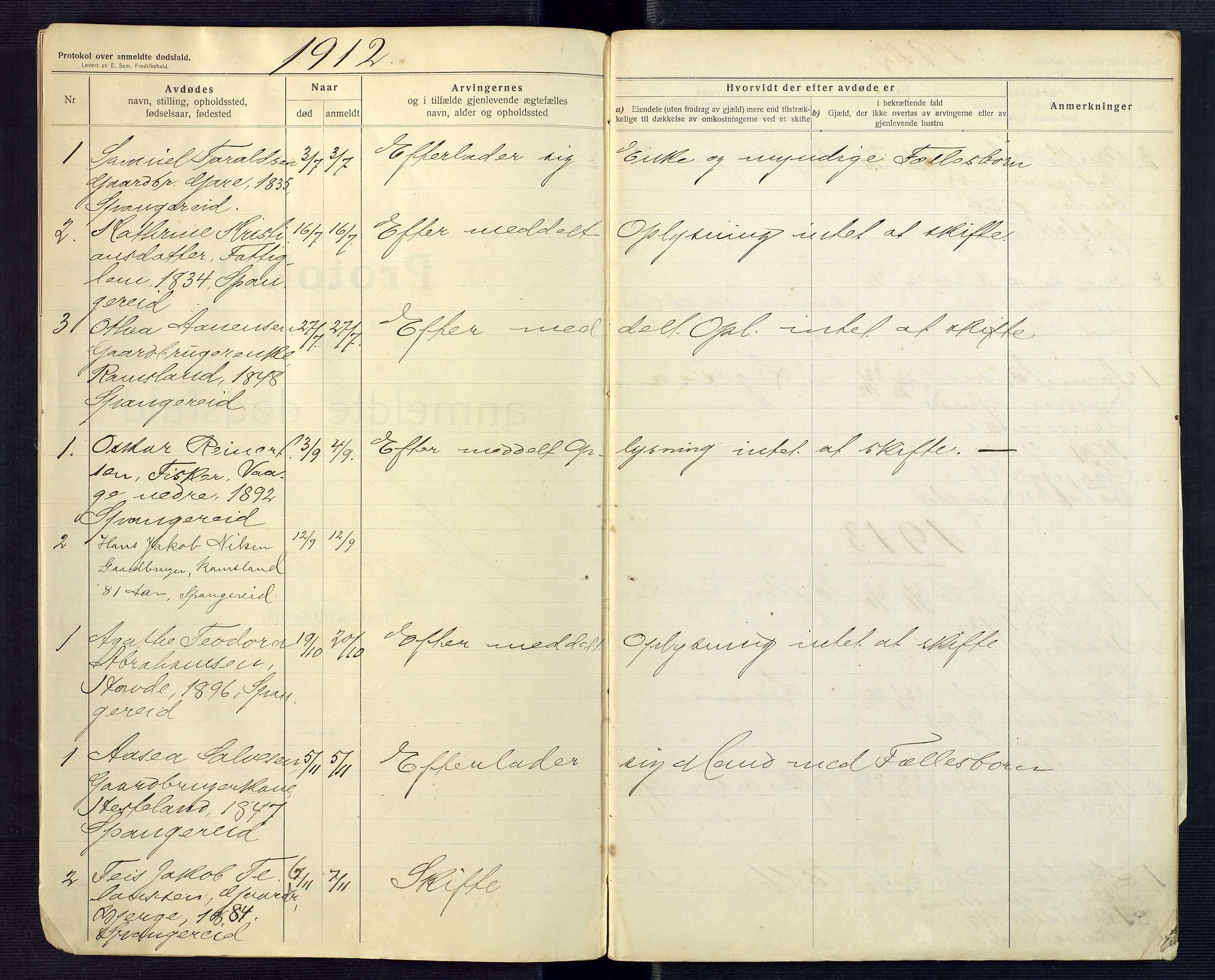 Mandal sorenskriveri, SAK/1221-0005/001/H/Ha/L0018: Dødsfall Spangereid nr 17, 1912-1918