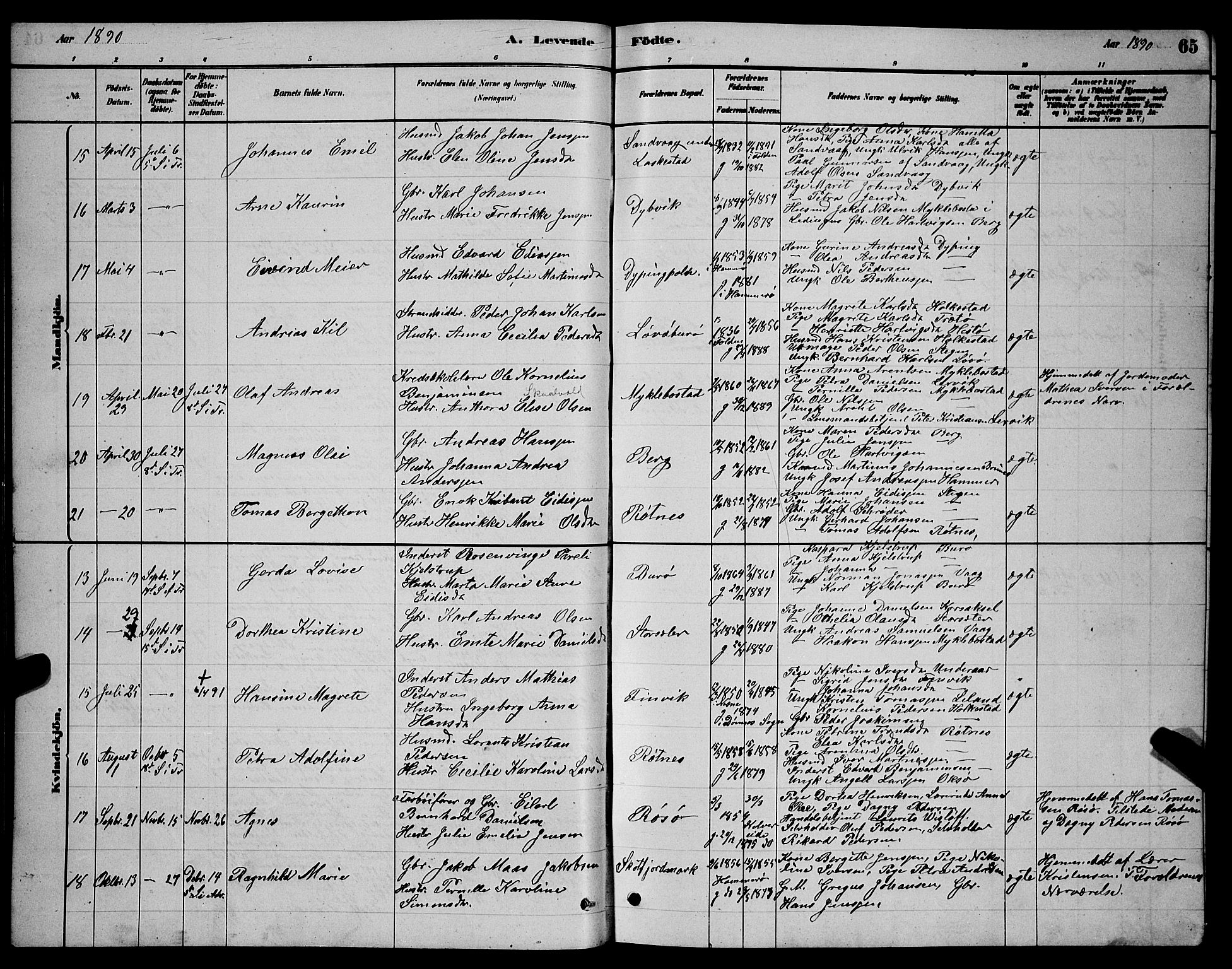 Ministerialprotokoller, klokkerbøker og fødselsregistre - Nordland, AV/SAT-A-1459/855/L0816: Klokkerbok nr. 855C05, 1879-1894, s. 65