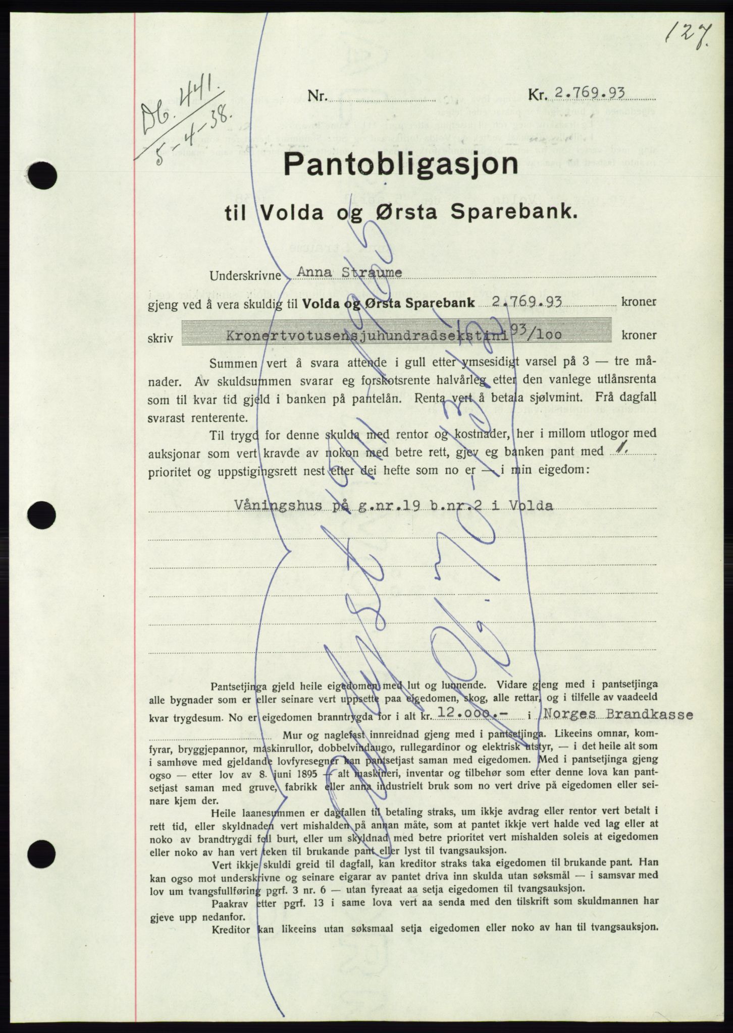 Søre Sunnmøre sorenskriveri, AV/SAT-A-4122/1/2/2C/L0065: Pantebok nr. 59, 1938-1938, Dagboknr: 441/1938