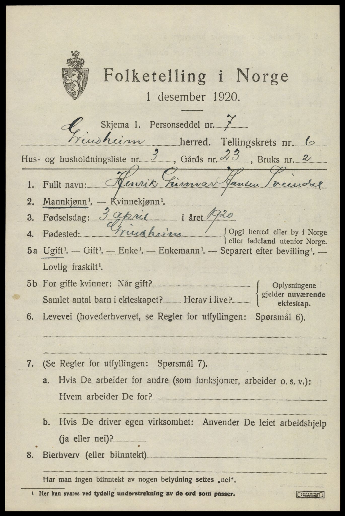 SAK, Folketelling 1920 for 1025 Grindheim herred, 1920, s. 1891