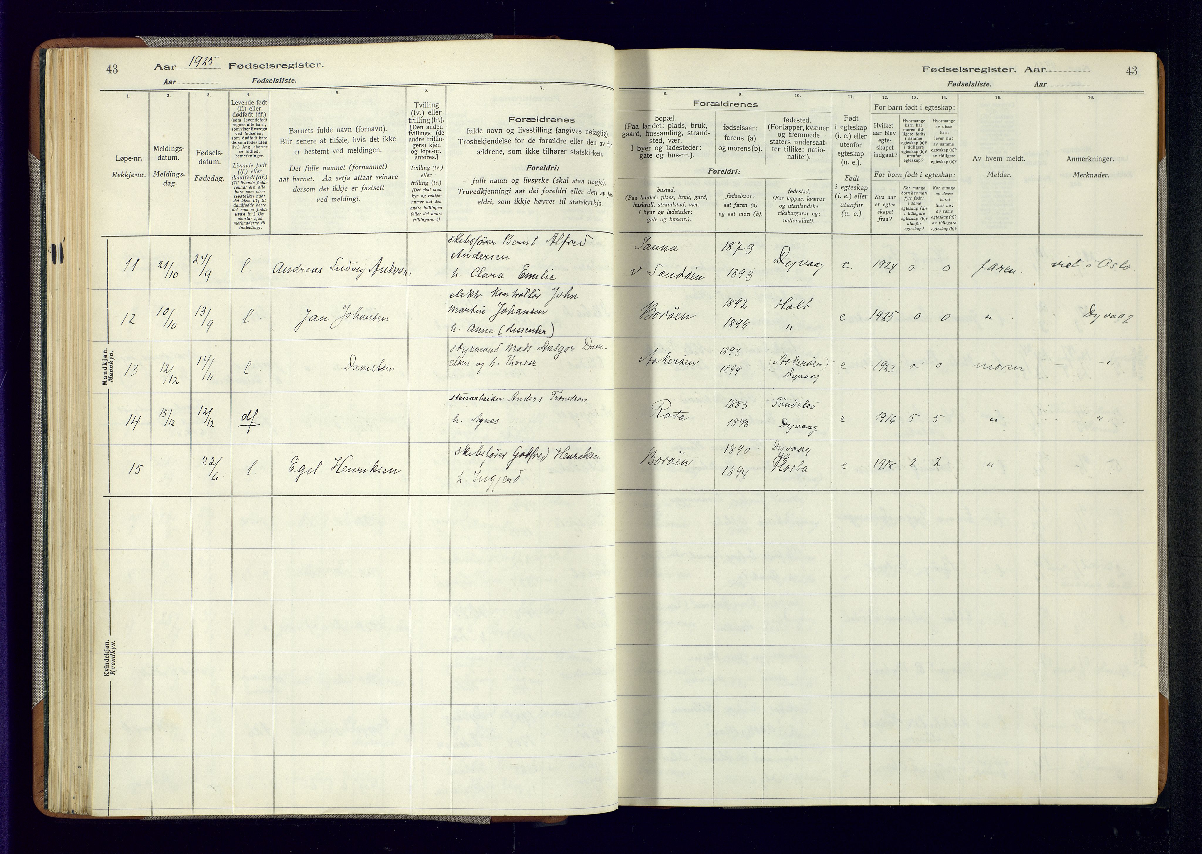 Dypvåg sokneprestkontor, AV/SAK-1111-0007/J/Ja/L0001: Fødselsregister nr. II.4.3, 1916-1975, s. 43