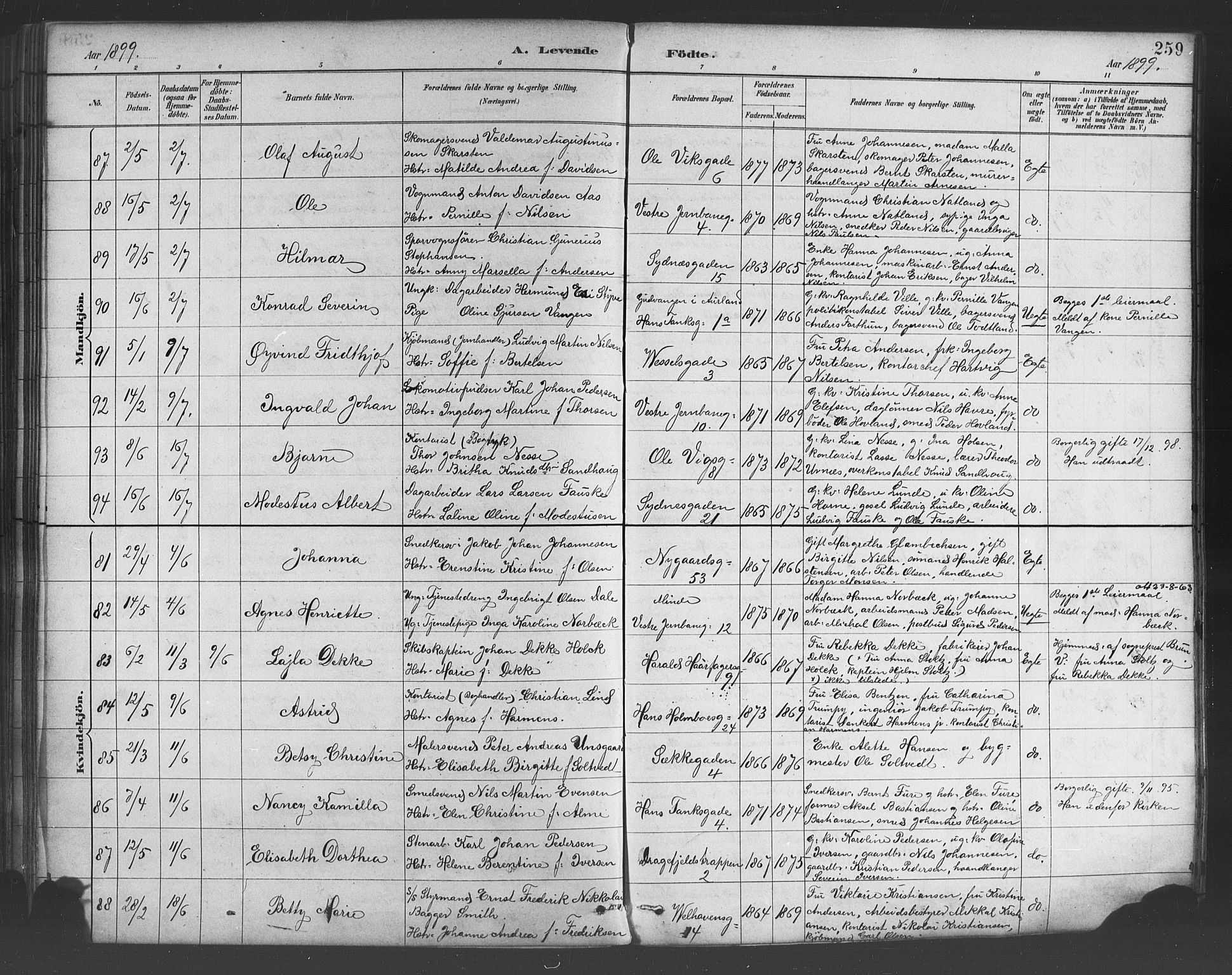 Johanneskirken sokneprestembete, AV/SAB-A-76001/H/Hab: Klokkerbok nr. A 1, 1885-1900, s. 259