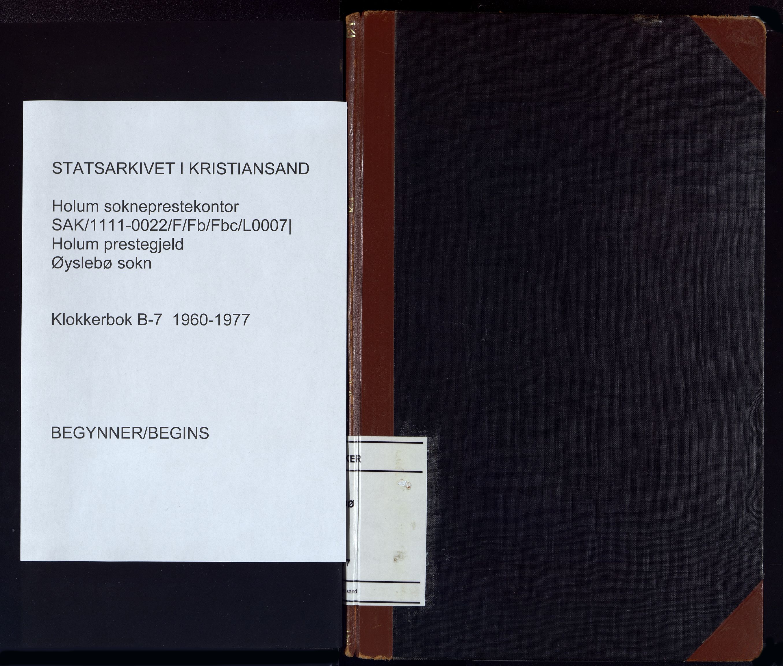 Holum sokneprestkontor, SAK/1111-0022/F/Fb/Fbc/L0007: Klokkerbok nr. B-7, 1960-1977