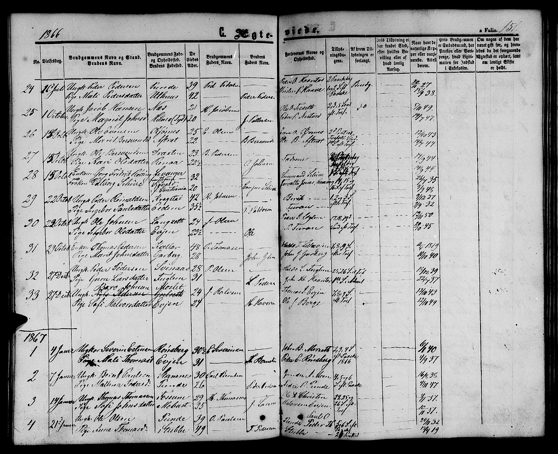 Ministerialprotokoller, klokkerbøker og fødselsregistre - Sør-Trøndelag, SAT/A-1456/695/L1155: Klokkerbok nr. 695C06, 1859-1868, s. 151