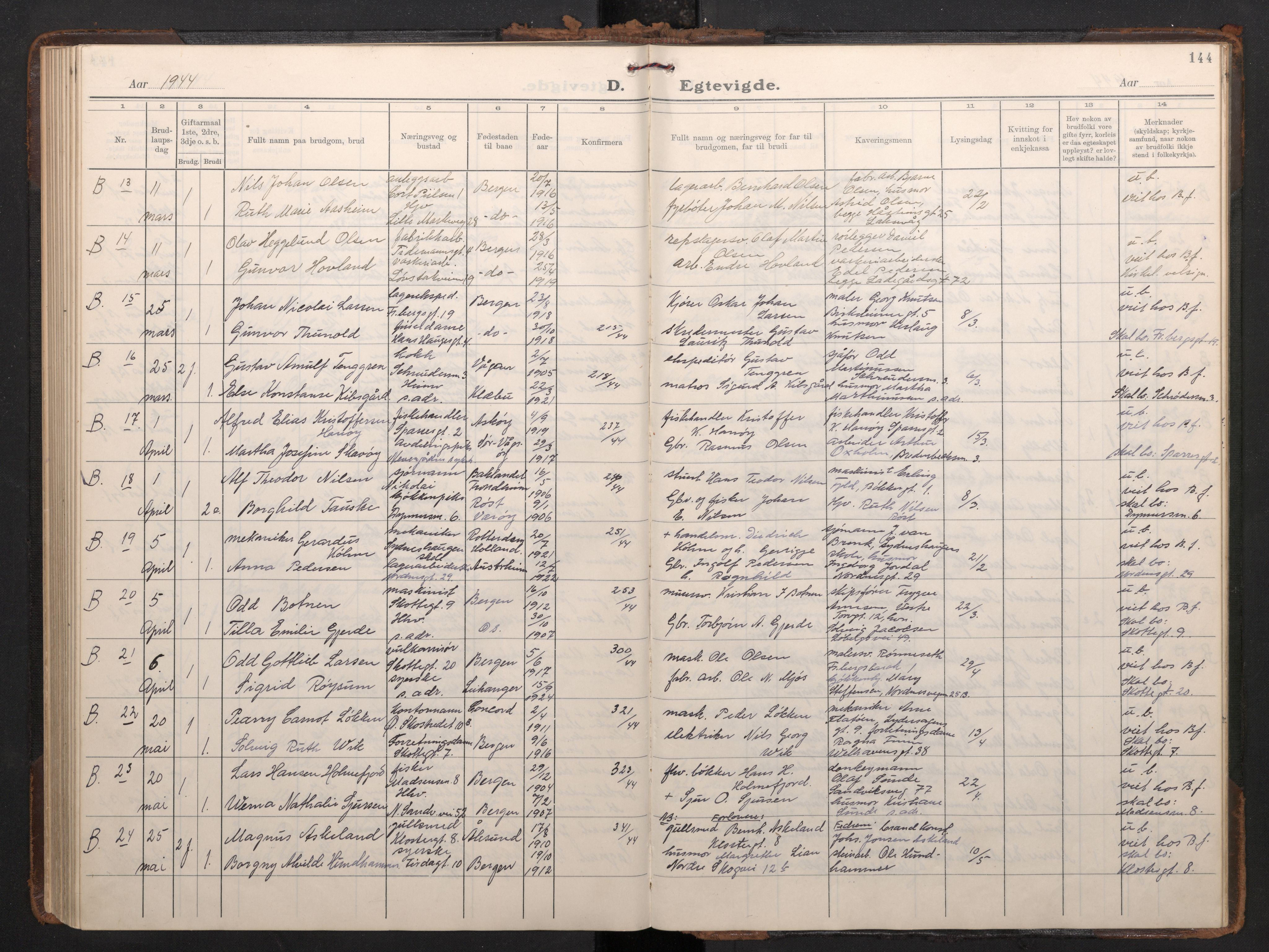 Nykirken Sokneprestembete, AV/SAB-A-77101/H/Haa/L0039: Ministerialbok nr. D 9, 1935-1946, s. 143b-144a