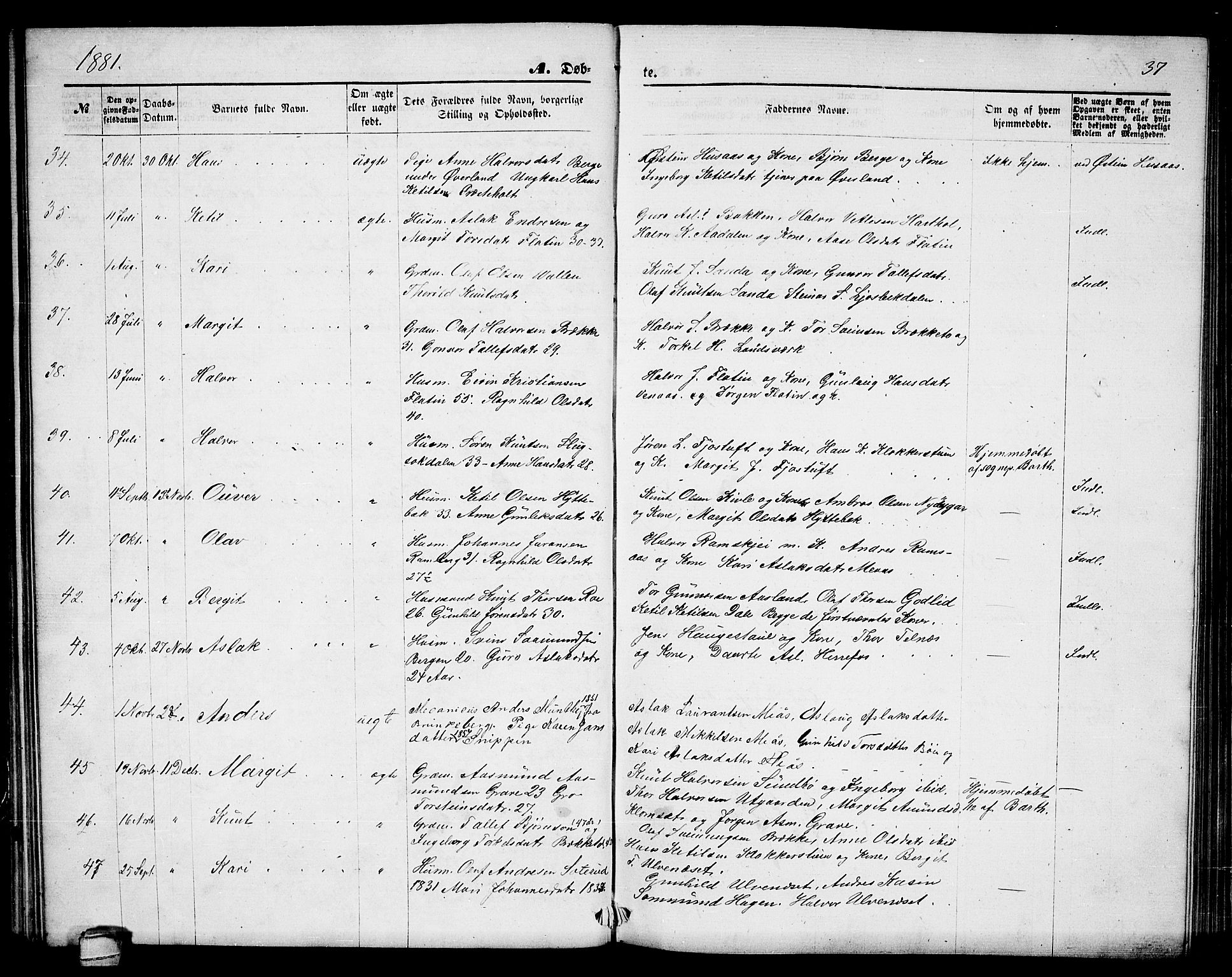Seljord kirkebøker, AV/SAKO-A-20/G/Ga/L0004: Klokkerbok nr. I 4, 1873-1886, s. 37