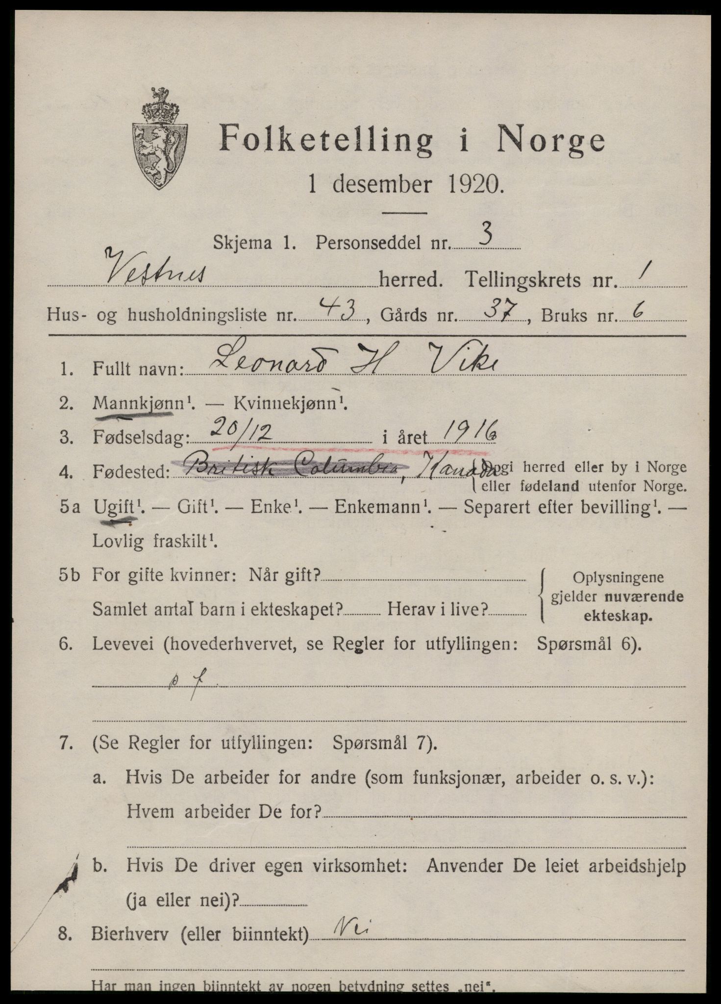 SAT, Folketelling 1920 for 1535 Vestnes herred, 1920, s. 1737