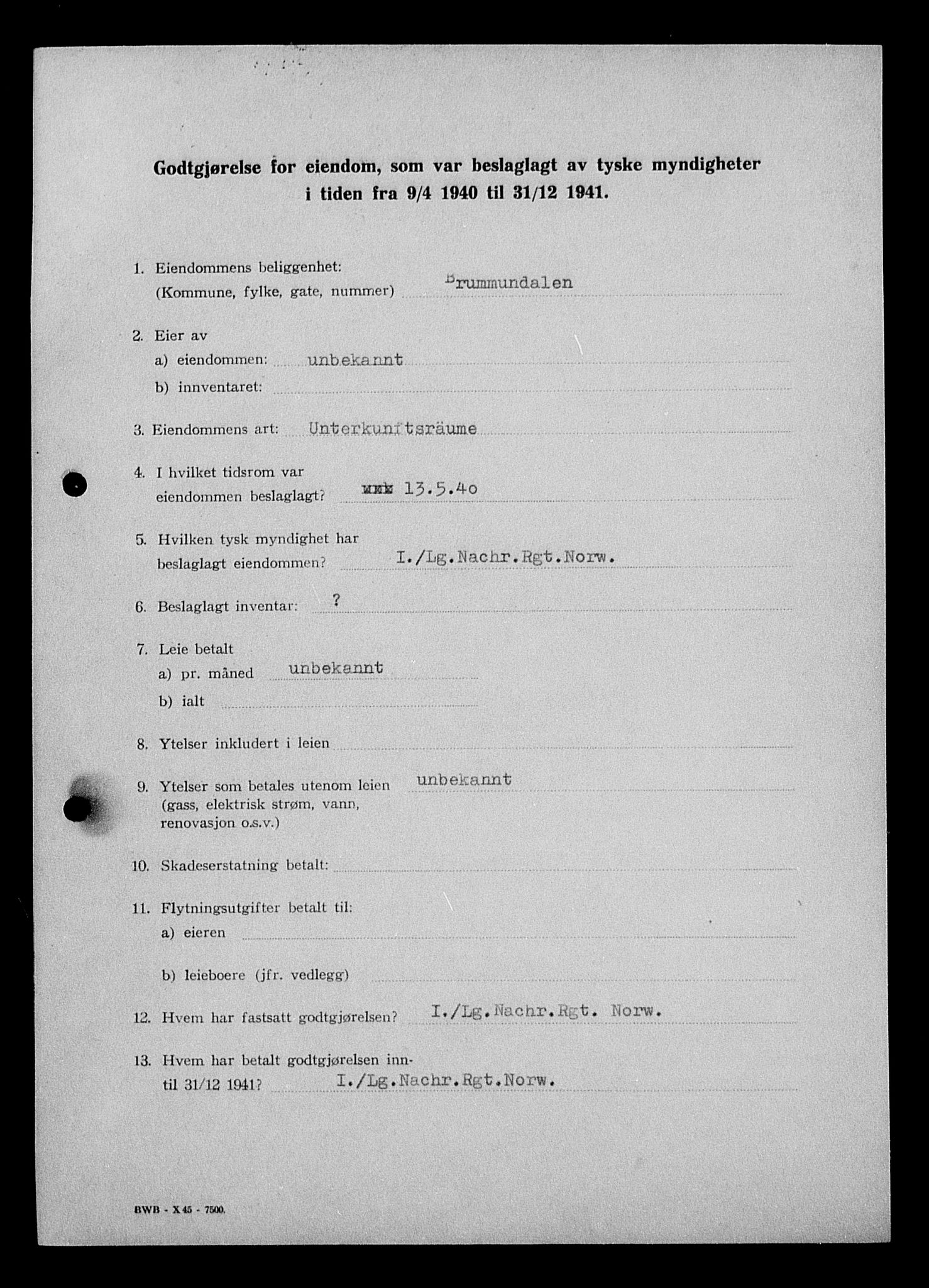 Justisdepartementet, Tilbakeføringskontoret for inndratte formuer, AV/RA-S-1564/I/L1012: Godtgjørelse for beslaglagt eiendom, 1940-1941, s. 42