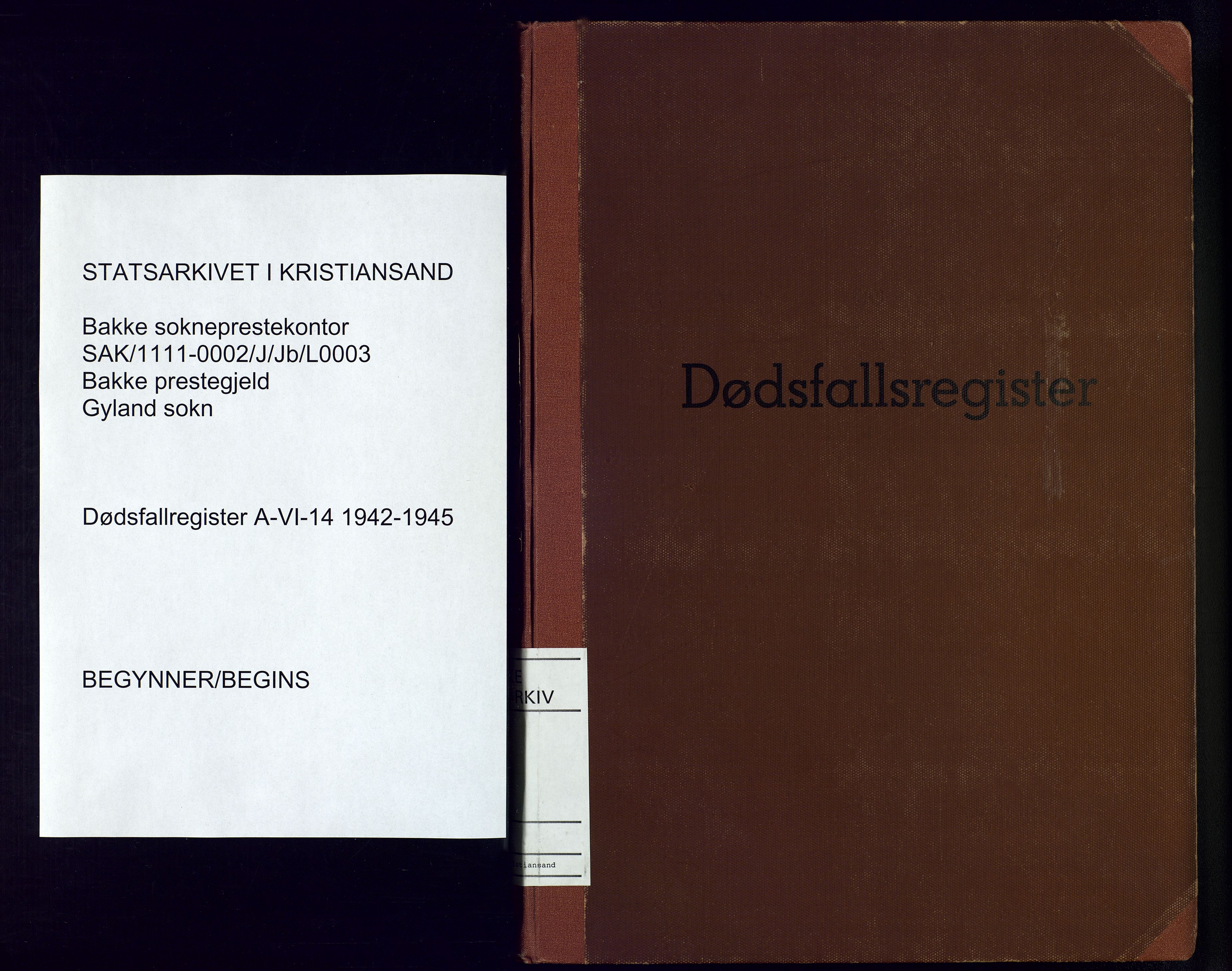 Bakke sokneprestkontor, SAK/1111-0002/J/Jb/L0003: A-VI-14 - Dødsfallsregister Gyland, 1942-1945