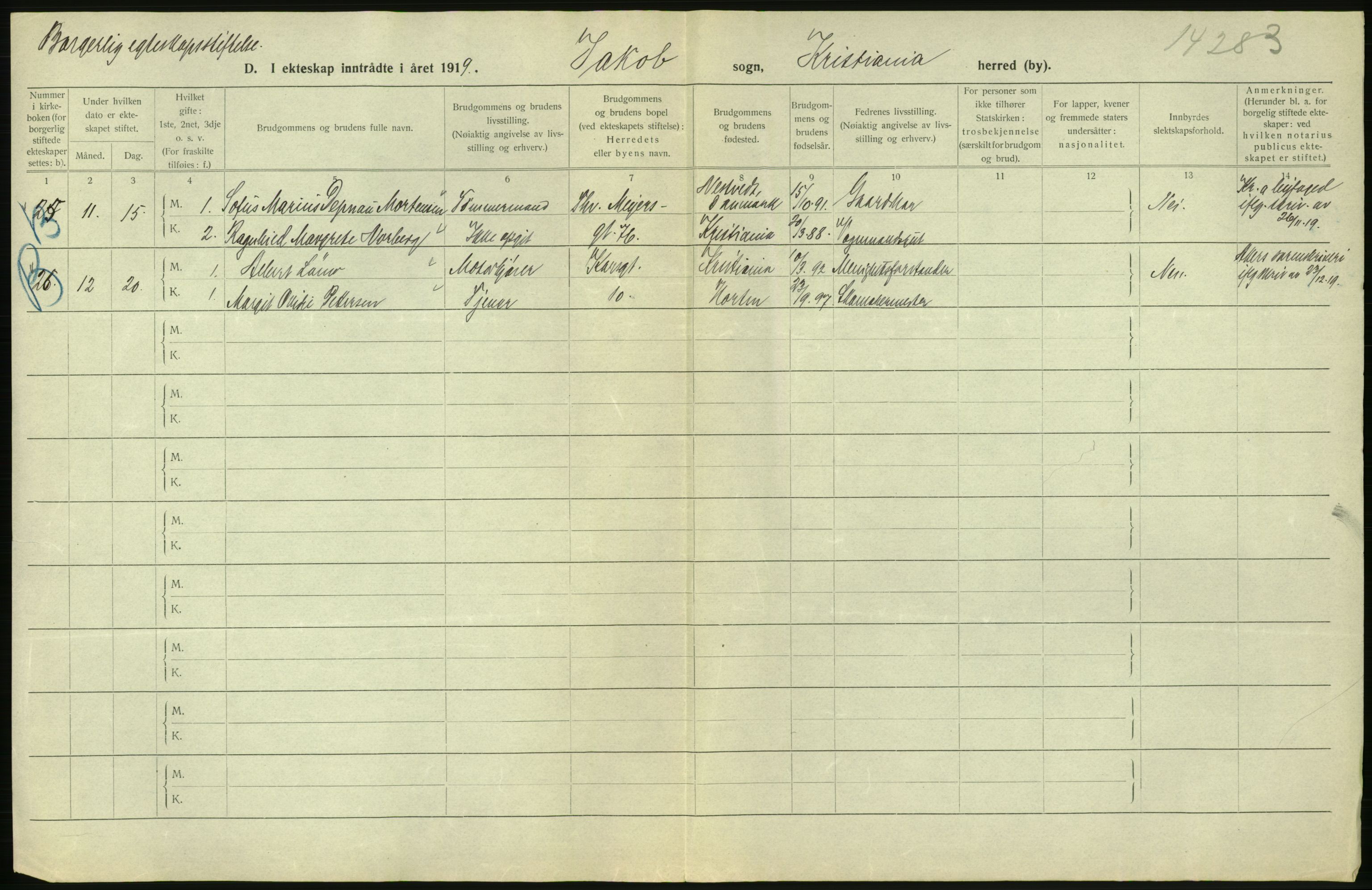 Statistisk sentralbyrå, Sosiodemografiske emner, Befolkning, RA/S-2228/D/Df/Dfb/Dfbi/L0009: Kristiania: Gifte, 1919, s. 418