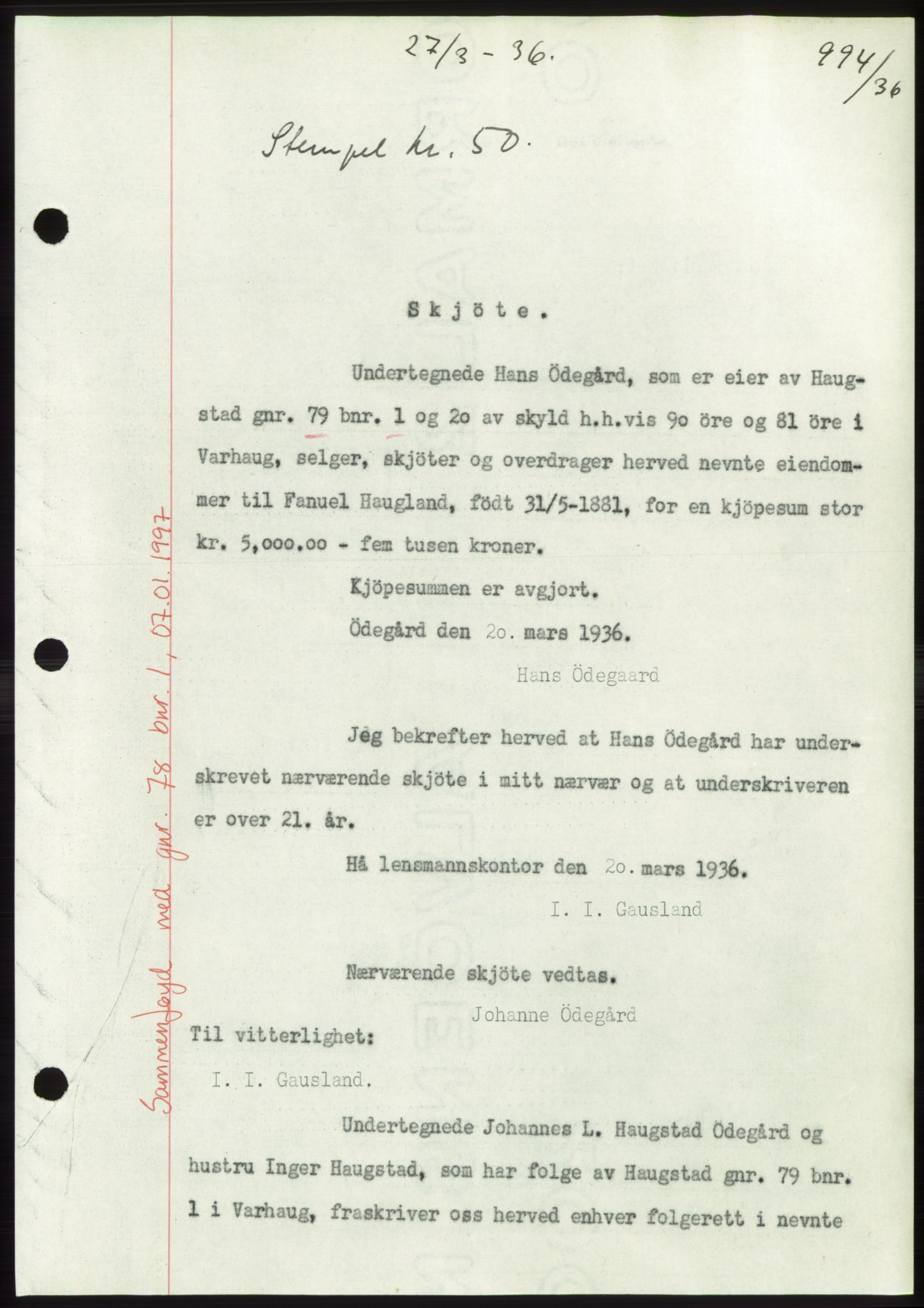 Jæren sorenskriveri, SAST/A-100310/03/G/Gba/L0065: Pantebok nr. 71, 1936-1936, Dagboknr: 994/1936