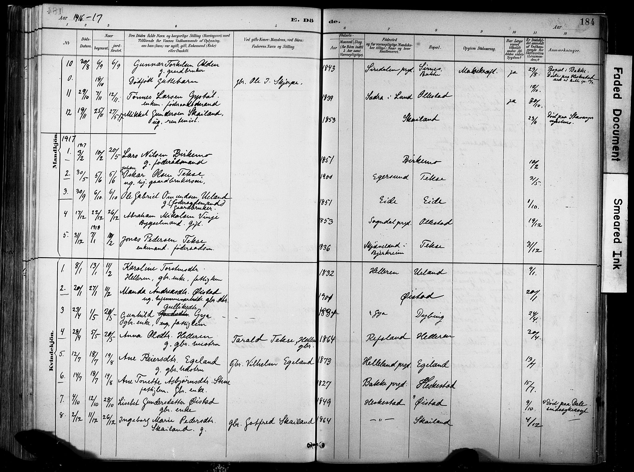 Lund sokneprestkontor, AV/SAST-A-101809/S06/L0012: Ministerialbok nr. A 11, 1887-1921, s. 184