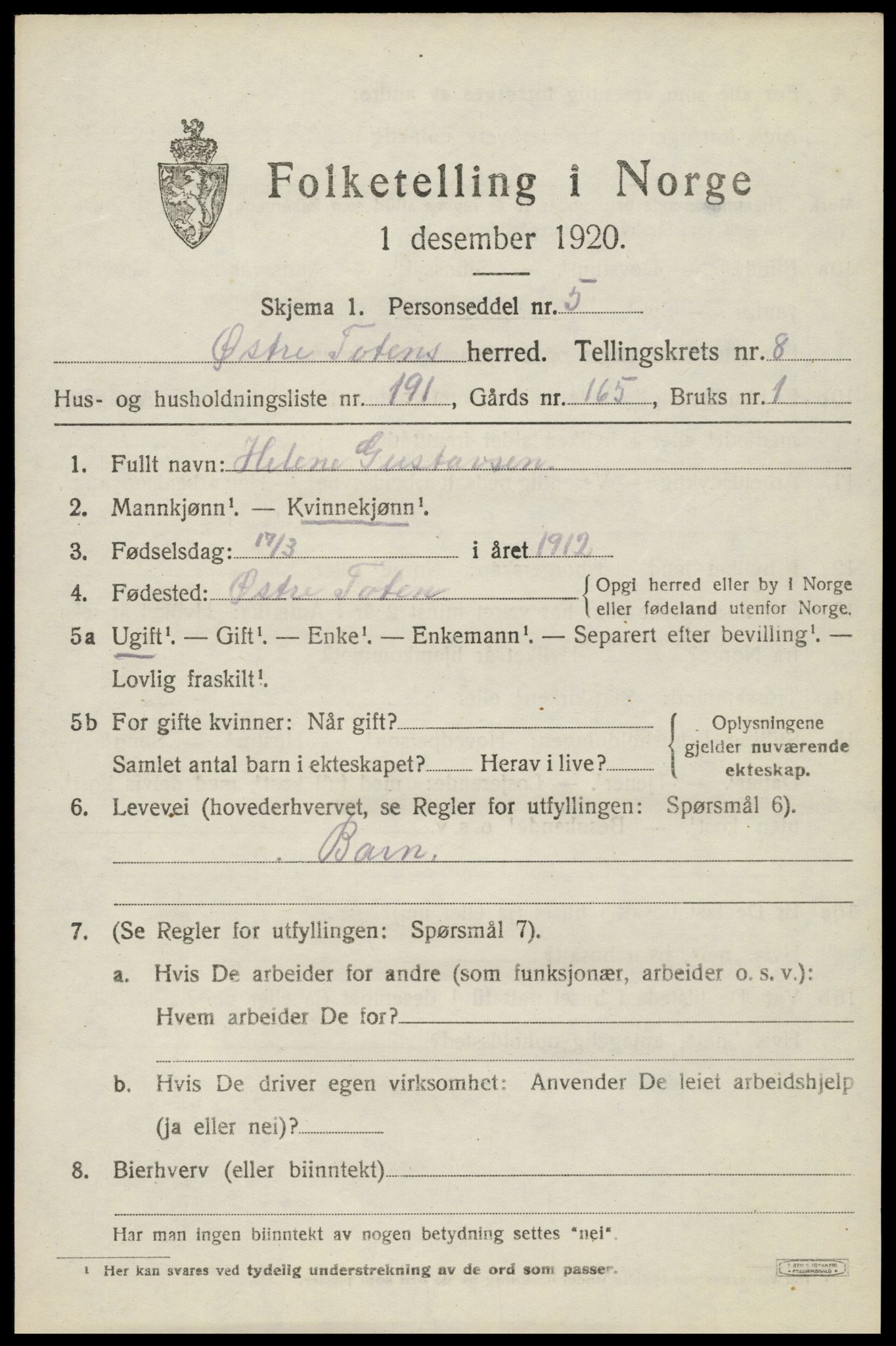 SAH, Folketelling 1920 for 0528 Østre Toten herred, 1920, s. 17788