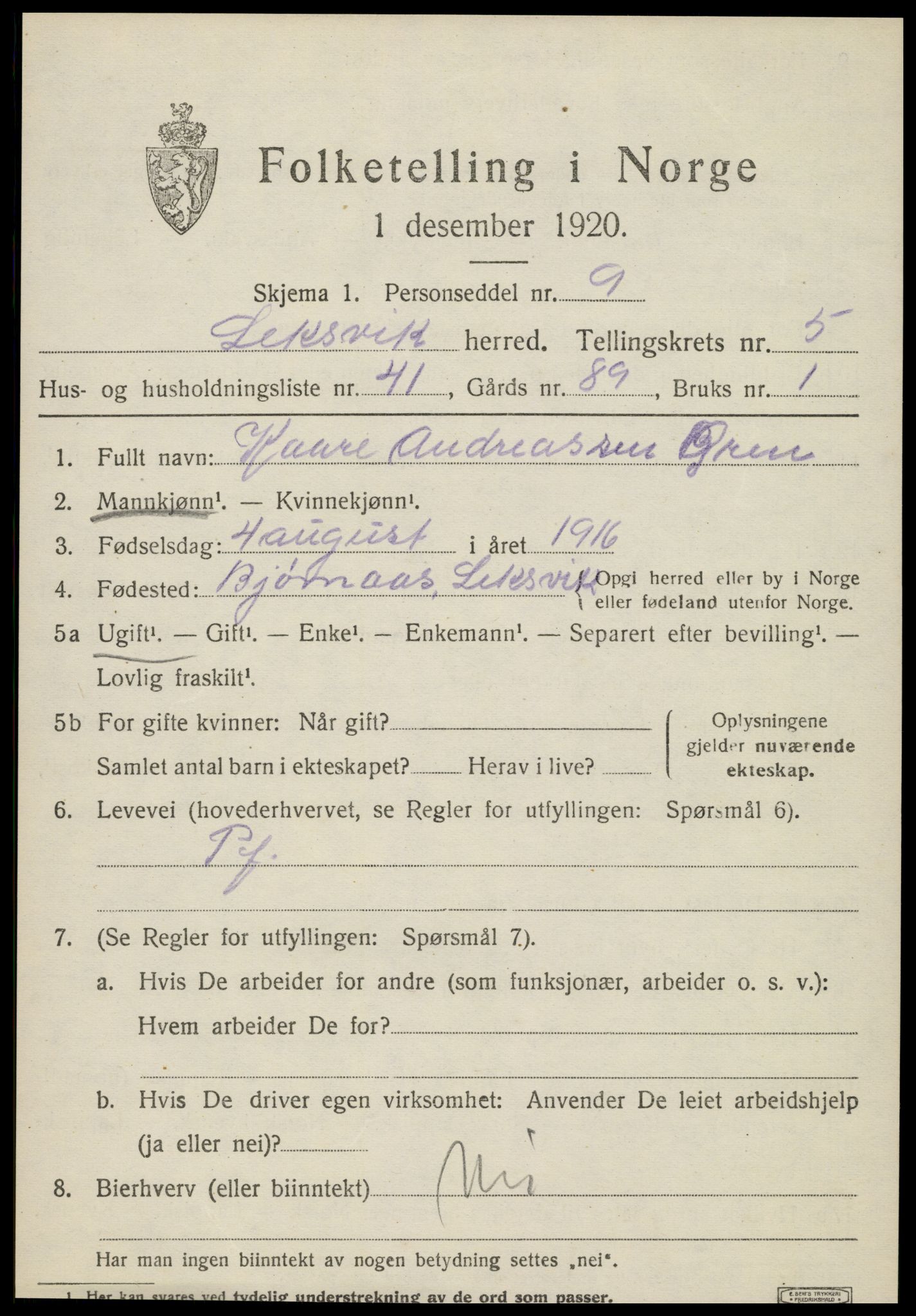 SAT, Folketelling 1920 for 1718 Leksvik herred, 1920, s. 5330