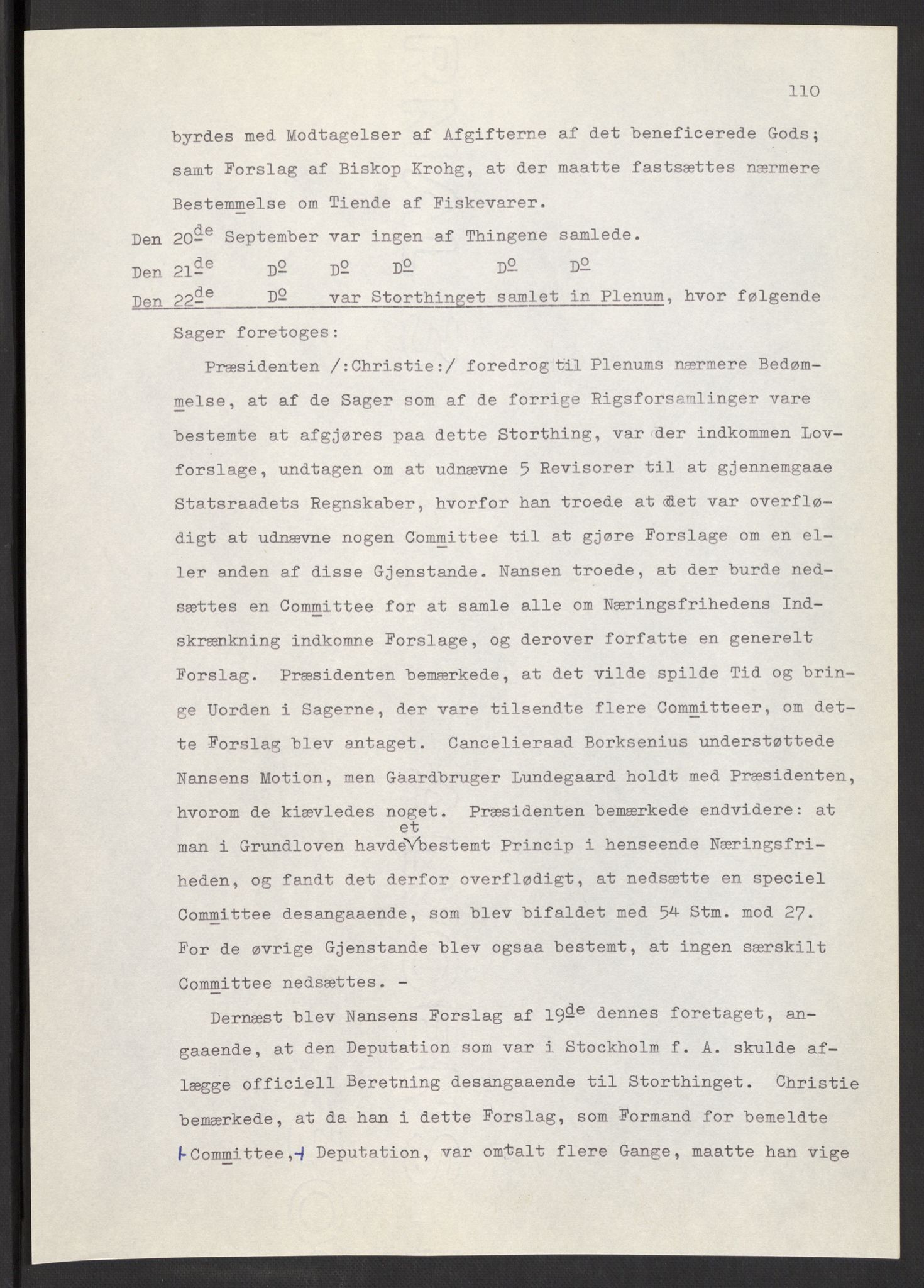 Manuskriptsamlingen, AV/RA-EA-3667/F/L0197: Wetlesen, Hans Jørgen (stortingsmann, ingeniørkaptein); Referat fra Stortinget 1815-1816, 1815-1816, s. 110