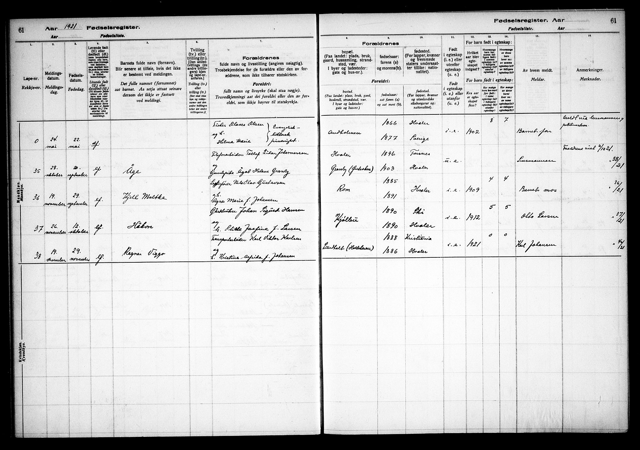 Hvaler prestekontor Kirkebøker, AV/SAO-A-2001/J/Ja/L0001: Fødselsregister nr. I 1, 1916-1938, s. 61