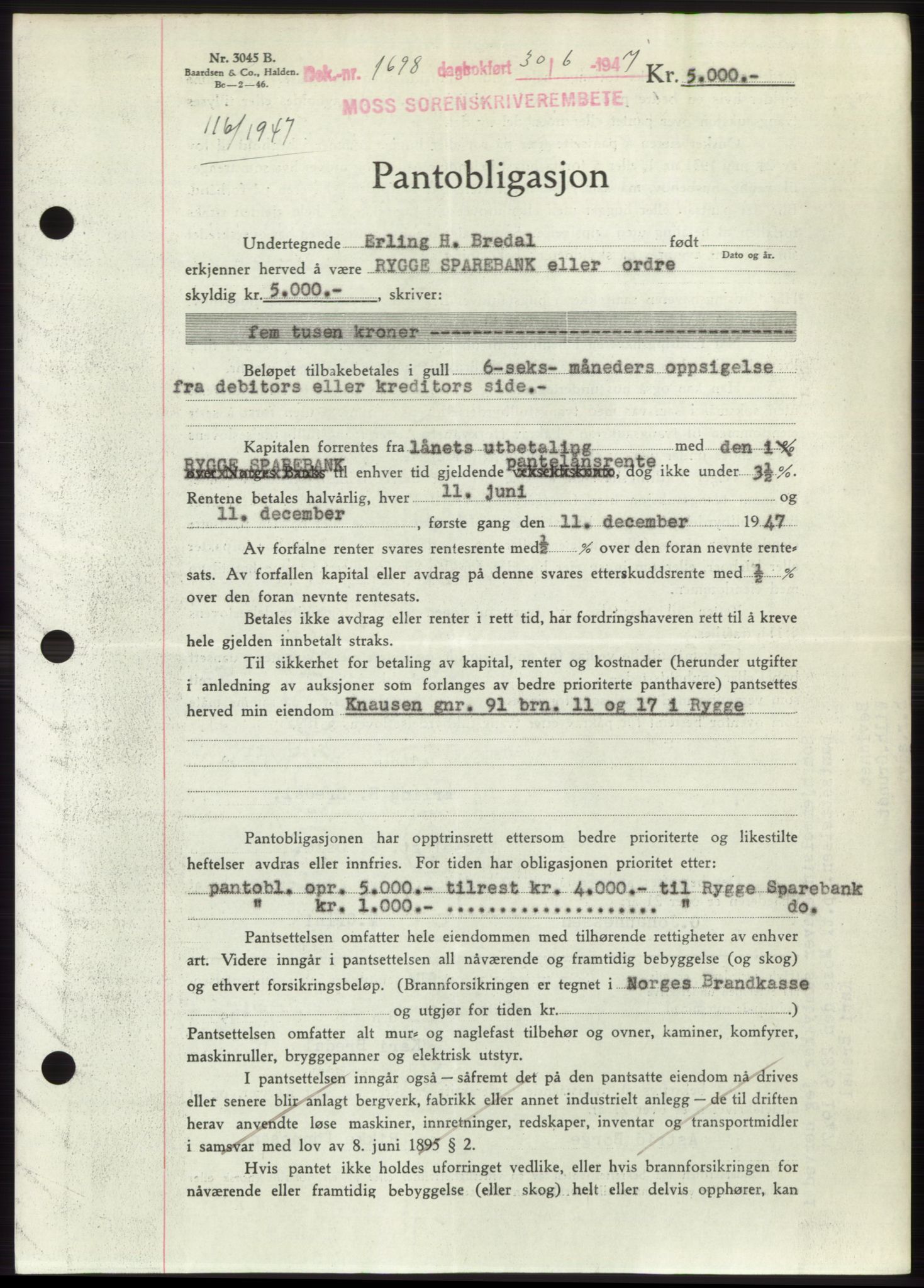 Moss sorenskriveri, SAO/A-10168: Pantebok nr. B17, 1947-1947, Dagboknr: 1698/1947