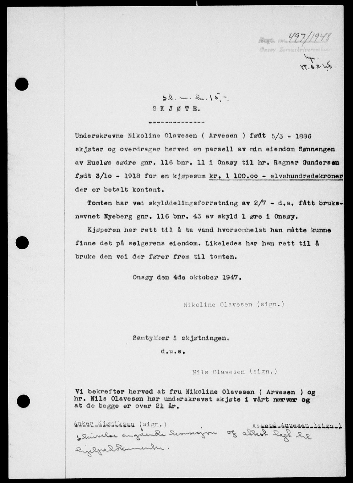 Onsøy sorenskriveri, SAO/A-10474/G/Ga/Gab/L0022: Pantebok nr. II A-22, 1947-1948, Dagboknr: 497/1948