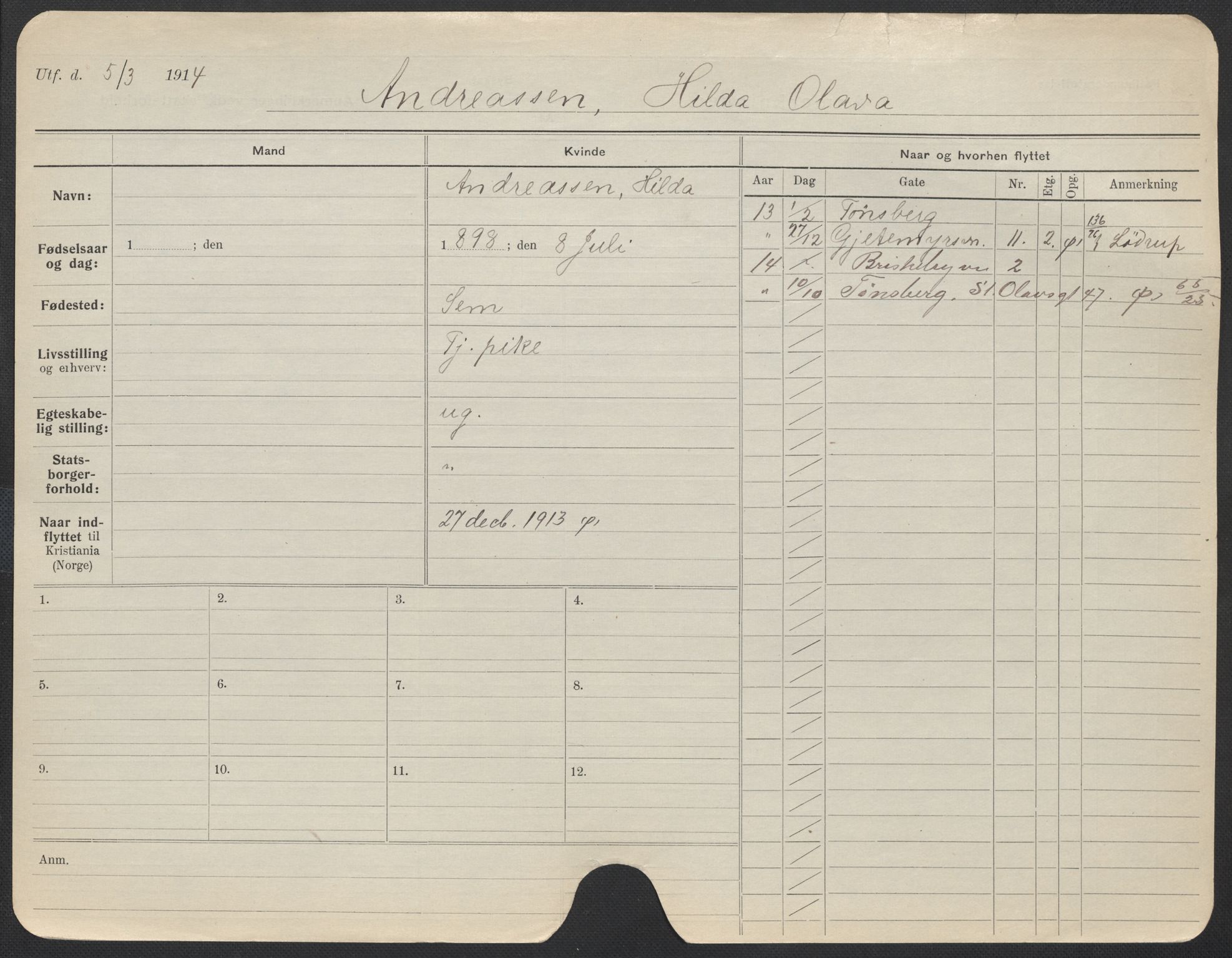 Oslo folkeregister, Registerkort, SAO/A-11715/F/Fa/Fac/L0012: Kvinner, 1906-1914, s. 774a