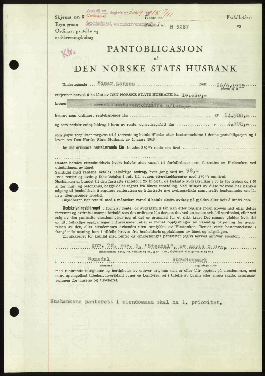 Sør-Hedmark sorenskriveri, SAH/TING-014/H/Hb/Hbd/L0018: Pantebok nr. 18, 1948-1949, Dagboknr: 3069/1948