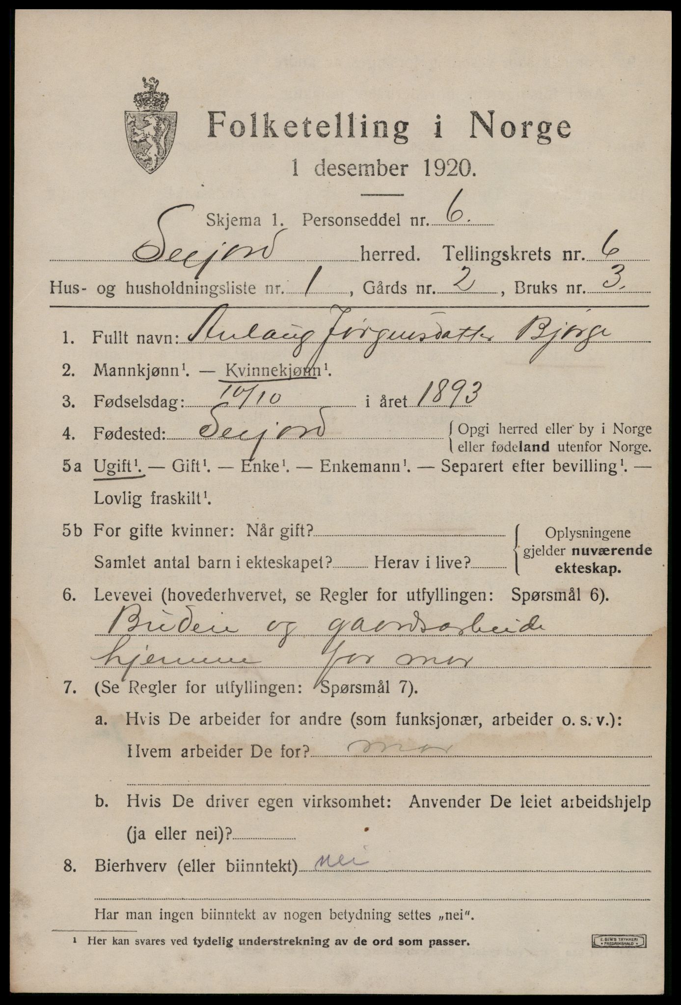 SAKO, Folketelling 1920 for 0828 Seljord herred, 1920, s. 2768