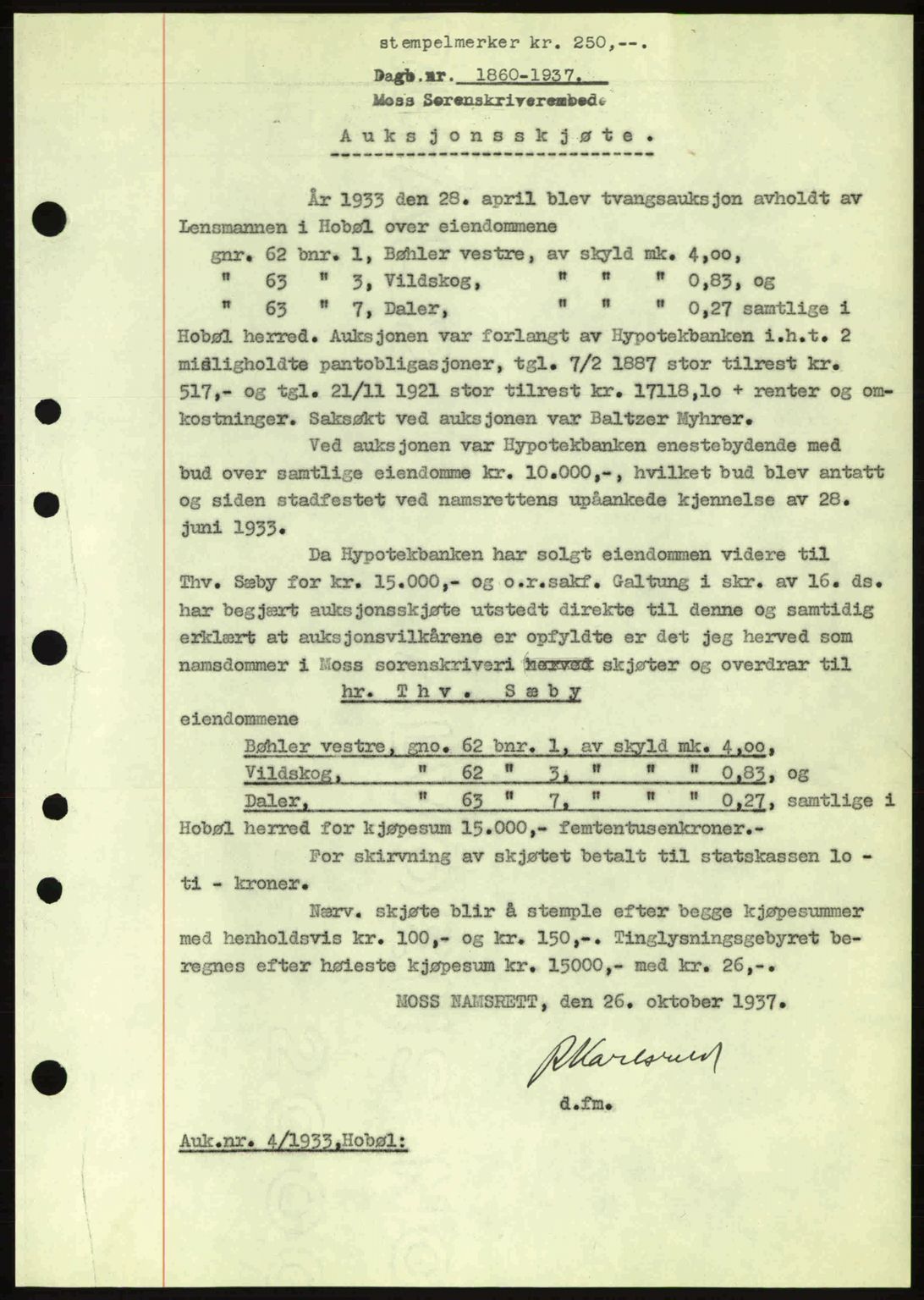Moss sorenskriveri, SAO/A-10168: Pantebok nr. A3, 1937-1938, Dagboknr: 1860/1937