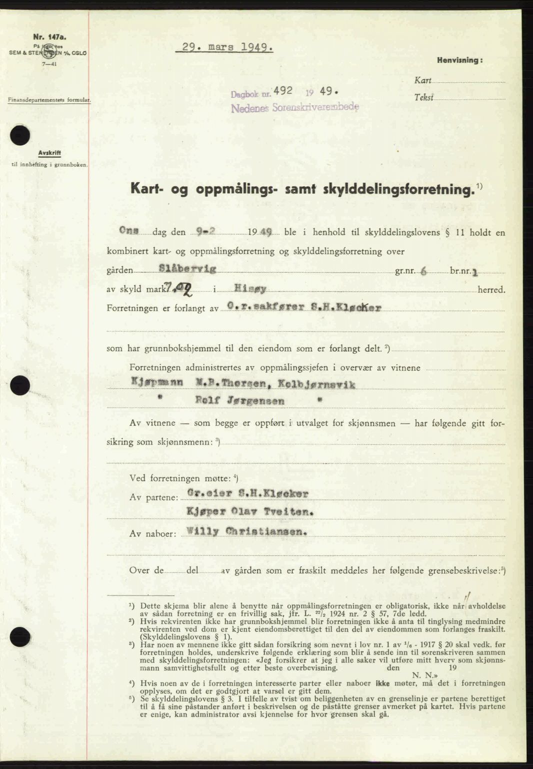 Nedenes sorenskriveri, SAK/1221-0006/G/Gb/Gba/L0060: Pantebok nr. A12, 1948-1949, Dagboknr: 492/1949
