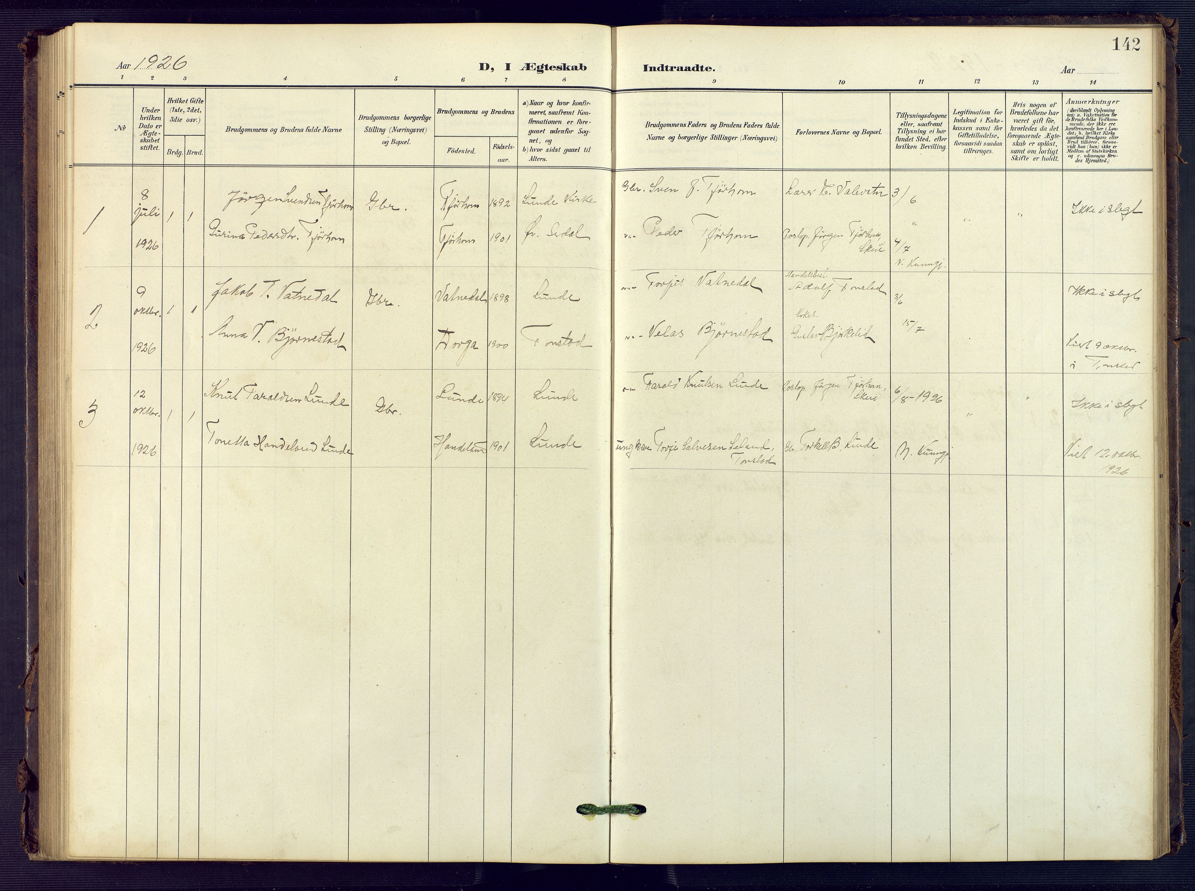 Sirdal sokneprestkontor, SAK/1111-0036/F/Fb/Fba/L0002: Klokkerbok nr. B 2, 1905-1958, s. 142