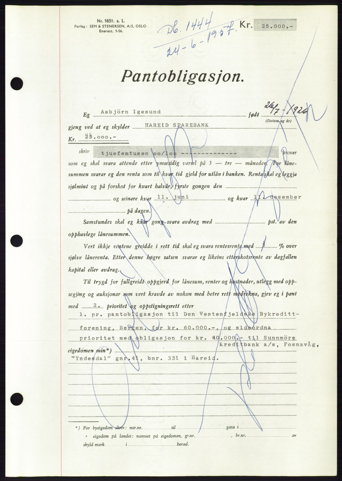 Søre Sunnmøre sorenskriveri, AV/SAT-A-4122/1/2/2C/L0130: Pantebok nr. 18B, 1957-1958, Dagboknr: 1444/1957