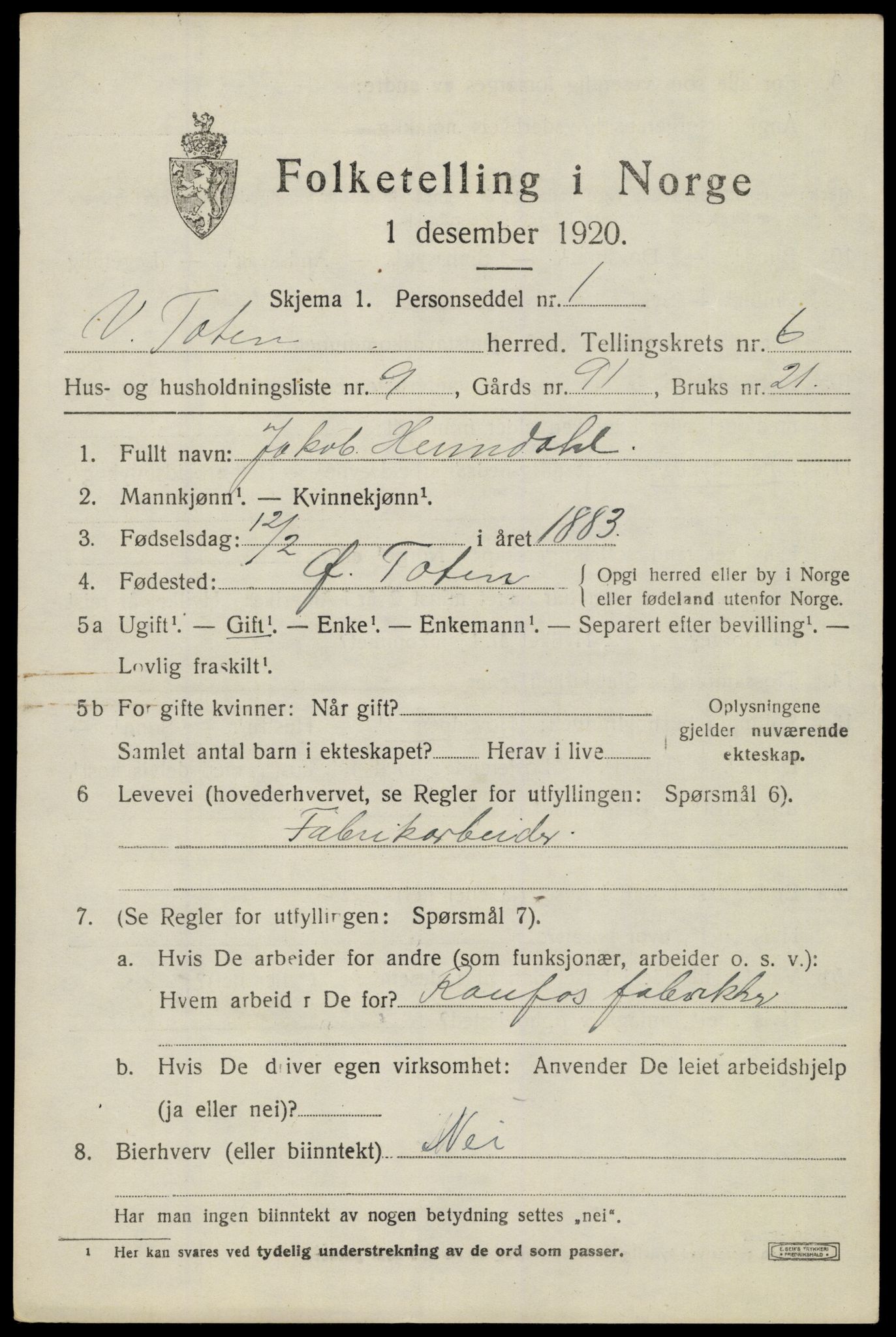 SAH, Folketelling 1920 for 0529 Vestre Toten herred, 1920, s. 8256
