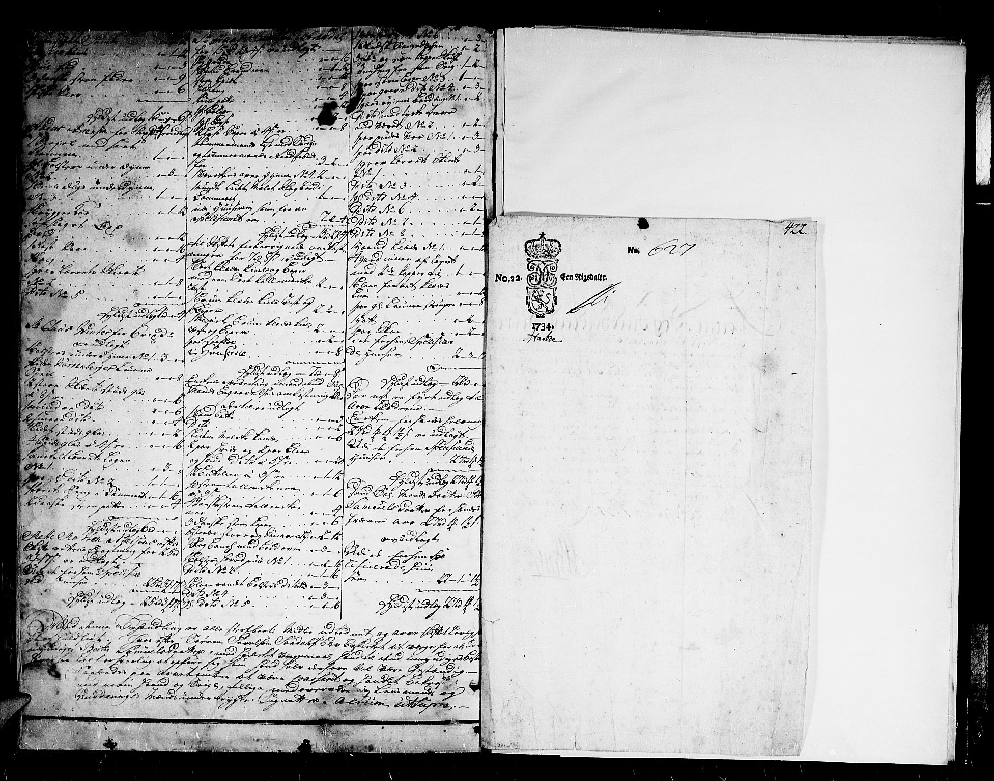 Nedenes sorenskriveri før 1824, SAK/1221-0007/H/Hc/L0017: Skifteprotokoll med register nr 13a, 1734-1737, s. 421b-422a