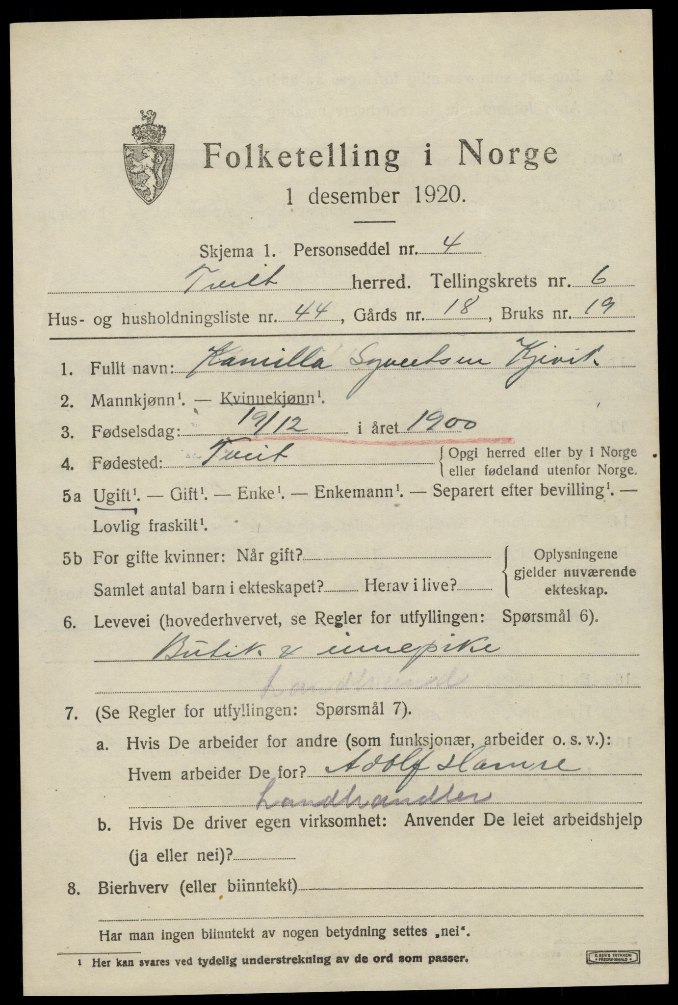 SAK, Folketelling 1920 for 1013 Tveit herred, 1920, s. 3186