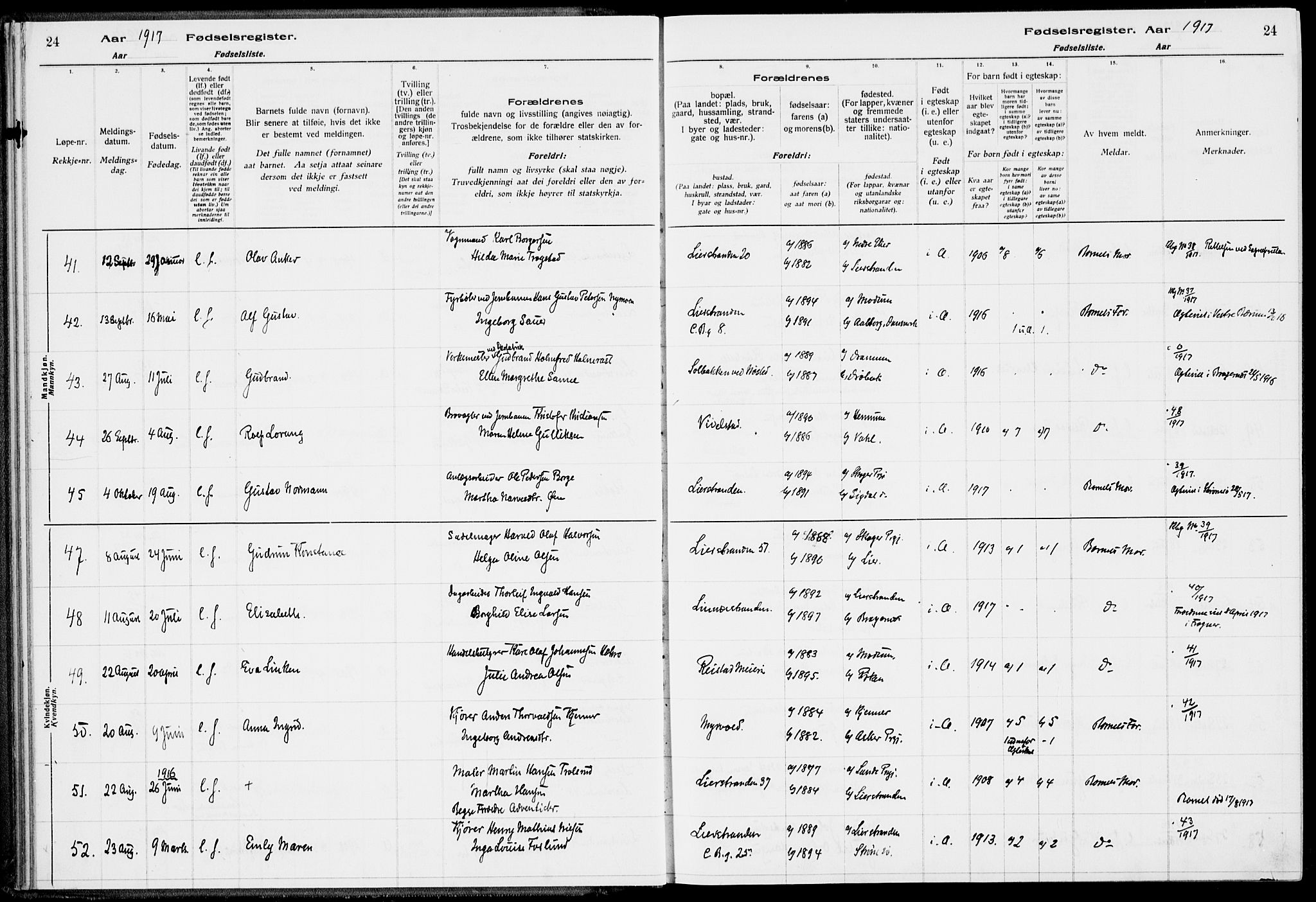 Lier kirkebøker, AV/SAKO-A-230/J/Ja/L0001: Fødselsregister nr. 1, 1916-1928, s. 24